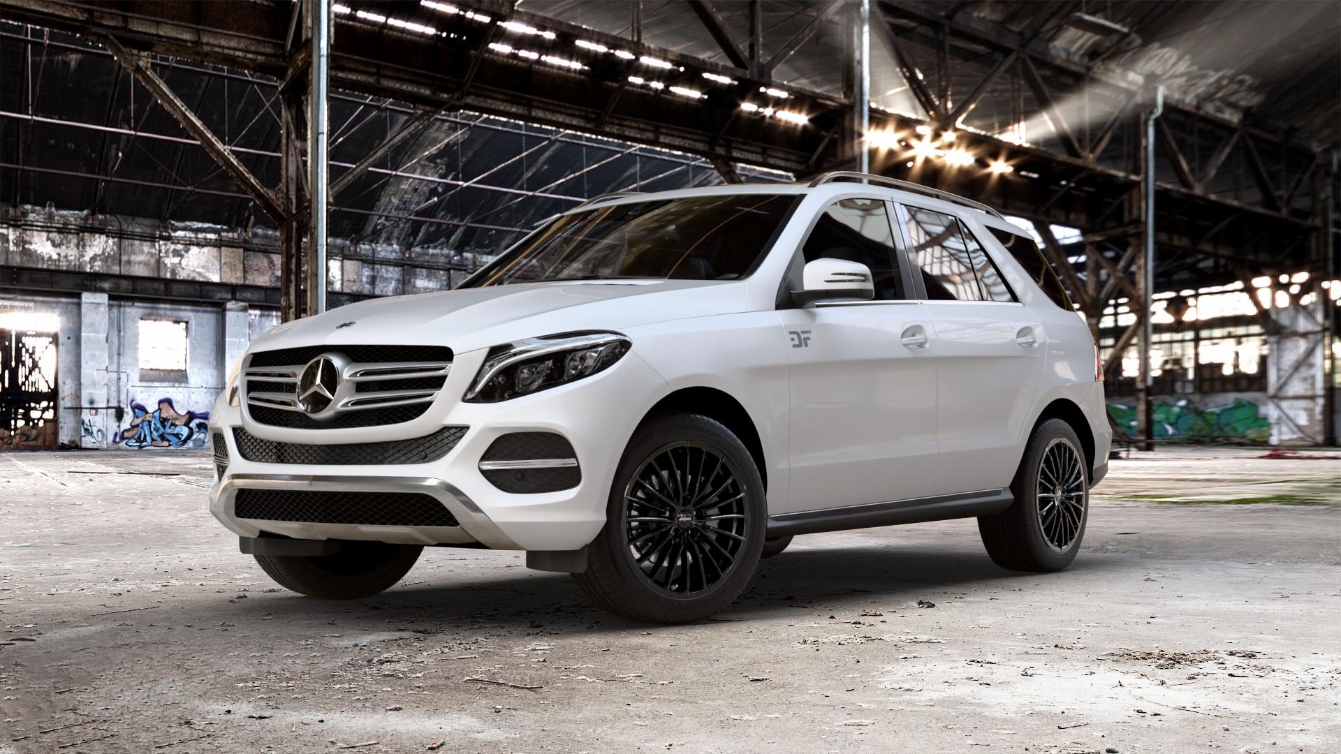 RONAL R68 JETBLACK Felge mit Reifen schwarz in 19Zoll Winterfelge Alufelge auf weissem Mercedes GLE-Klasse SUV Typ x166 ⬇️ mit 15mm Tieferlegung ⬇️ Old Industrial Hall_max_5300mm_2024 Frontansicht_1