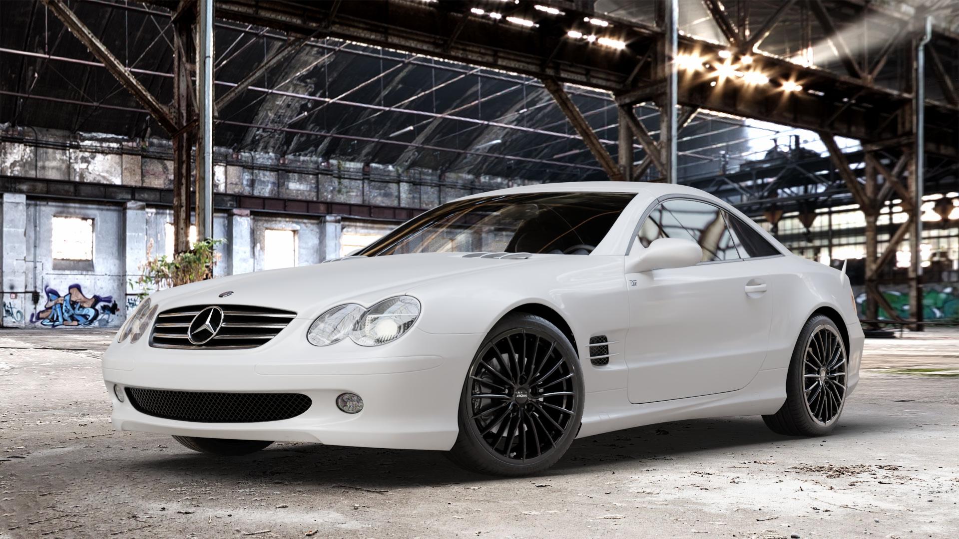 RONAL R68 JETBLACK Felge mit Reifen schwarz in 19Zoll Winterfelge Alufelge auf weissem Mercedes SL Typ R230 ⬇️ mit 15mm Tieferlegung ⬇️ Old Industrial Hall_max_4400mm_2024 Frontansicht_1