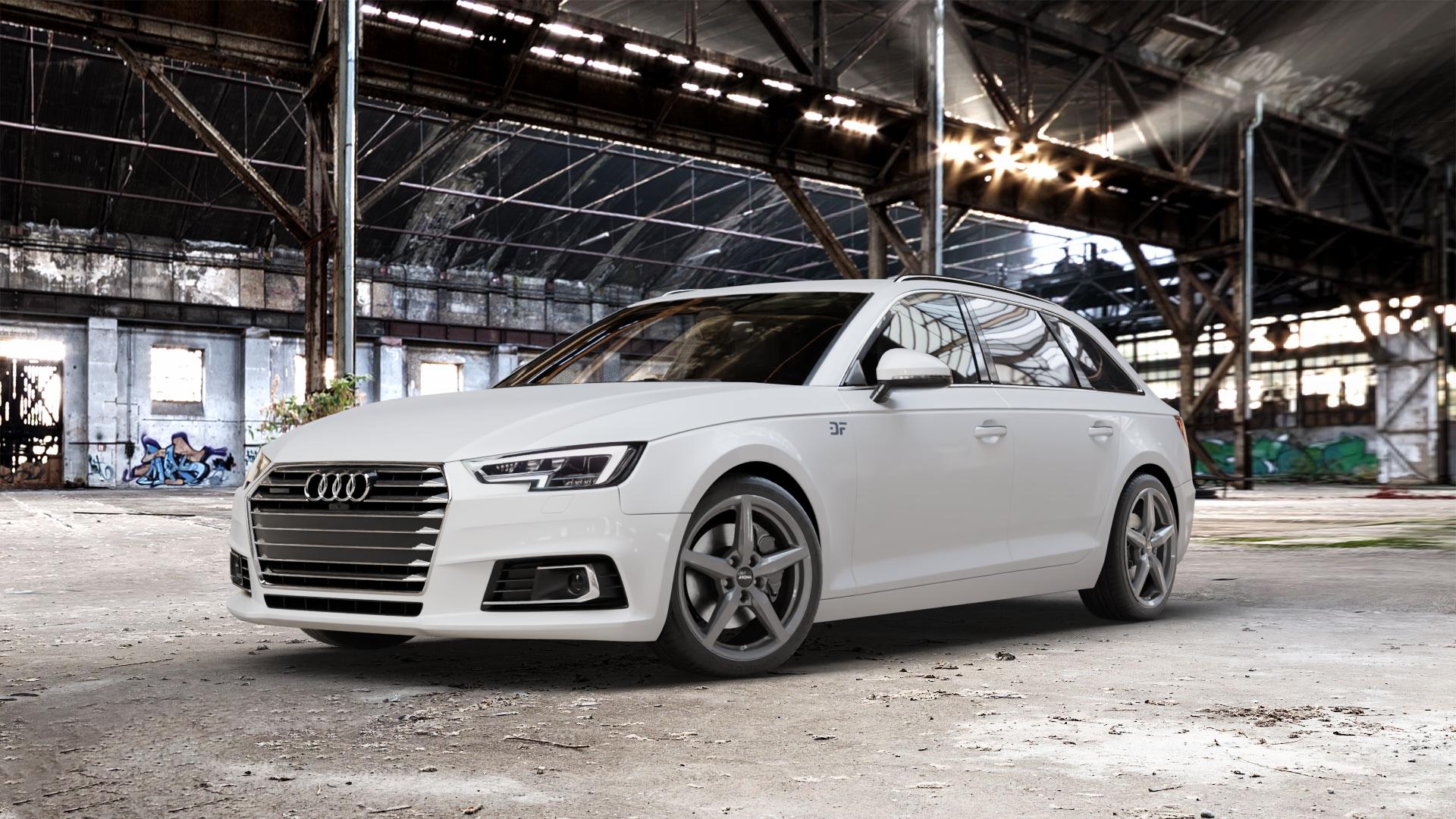 RONAL R69 MAGNETIC GREY Felge mit Reifen grau silber in 18Zoll Winterfelge Alufelge auf weissem Audi A4 Typ B9 (Avant) ⬇️ mit 15mm Tieferlegung ⬇️ Old Industrial Hall_max_5300mm_2024 Frontansicht_1