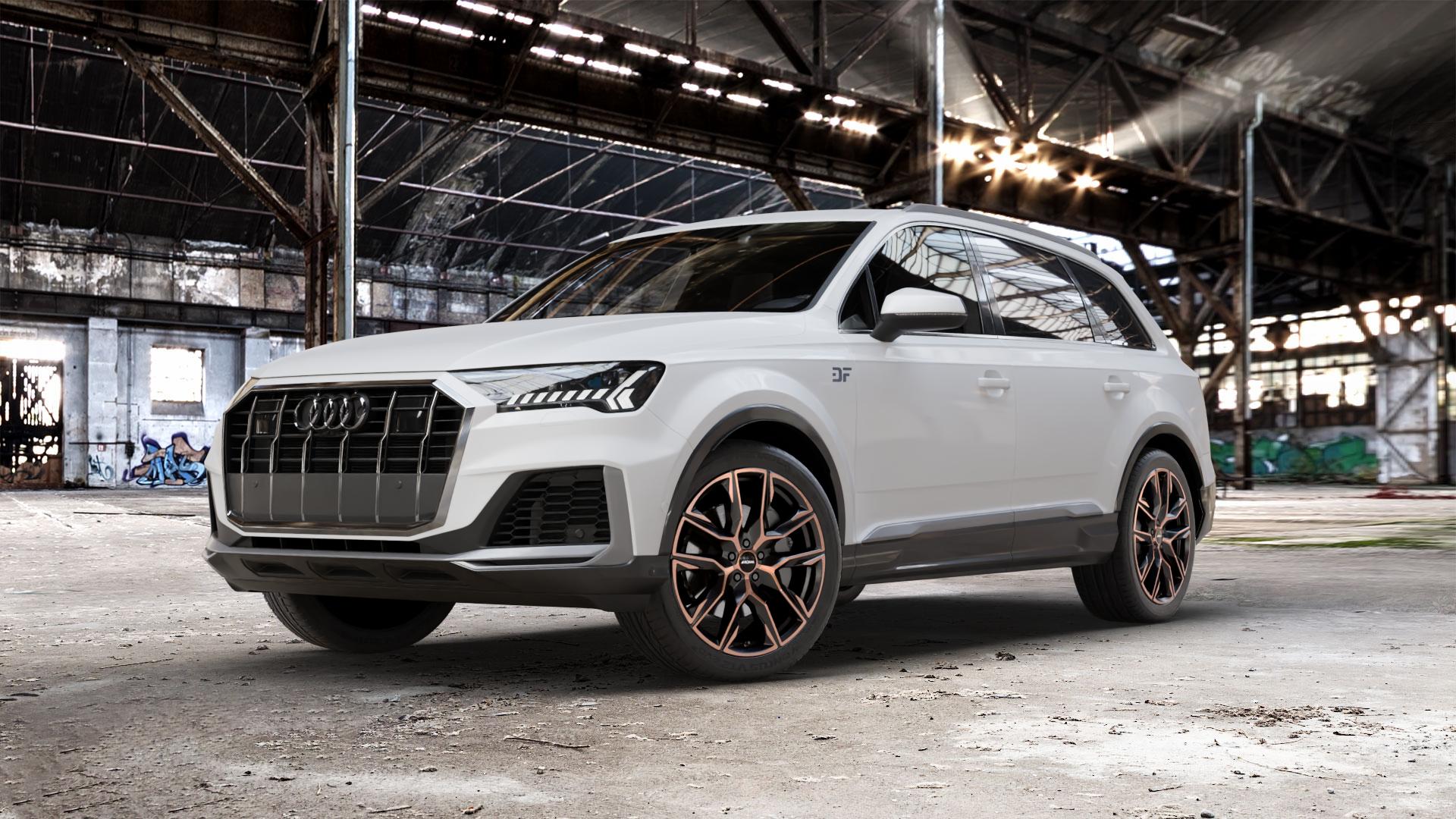 RONAL R71 JETBLACK COPPER MATT Felge mit Reifen schwarz bronze in 21Zoll Winterfelge Alufelge auf weissem Audi Q7 II Typ 4M (4L) Facelift 19-> ⬇️ mit 15mm Tieferlegung ⬇️ Old Industrial Hall_max_5300mm_2024 Frontansicht_1