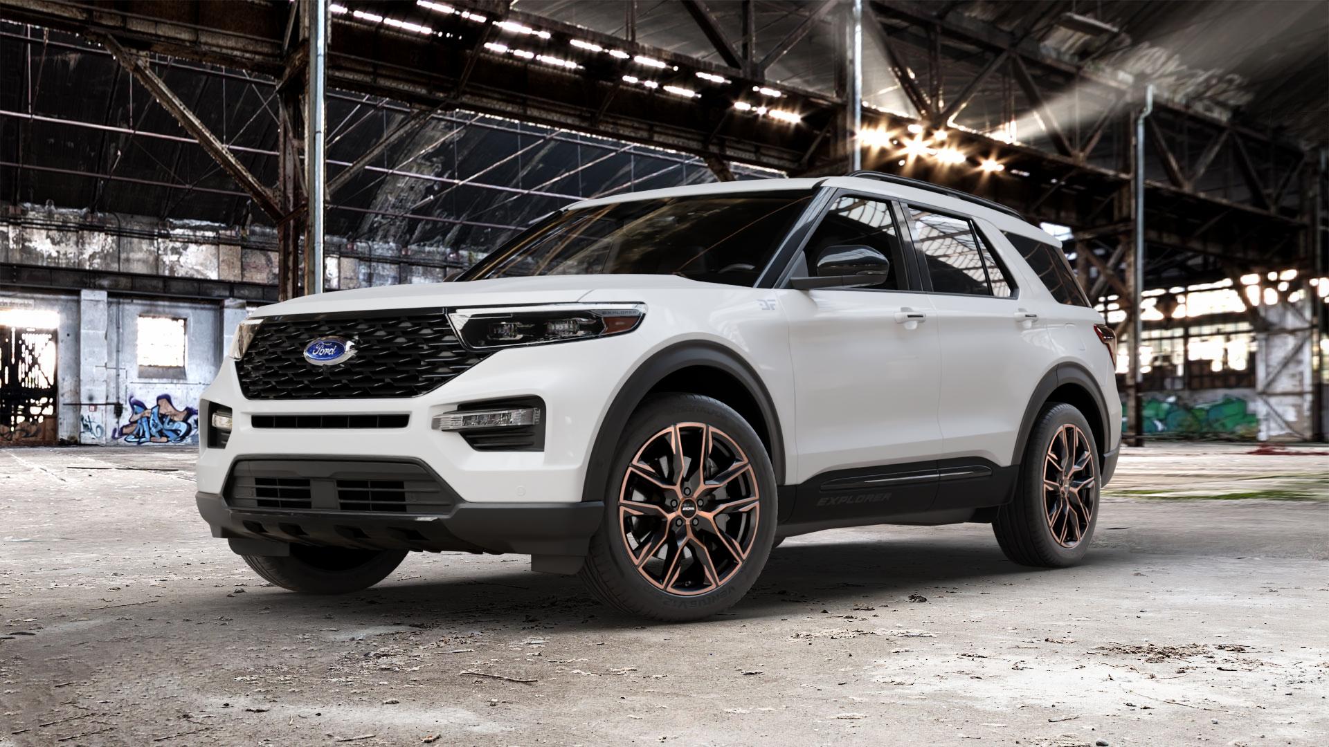 RONAL R71 JETBLACK COPPER MATT Felge mit Reifen schwarz bronze in 21Zoll Winterfelge Alufelge auf weissem Ford Explorer Typ WUJ ⬇️ mit 15mm Tieferlegung ⬇️ Old Industrial Hall_max_5300mm_2024 Frontansicht_1