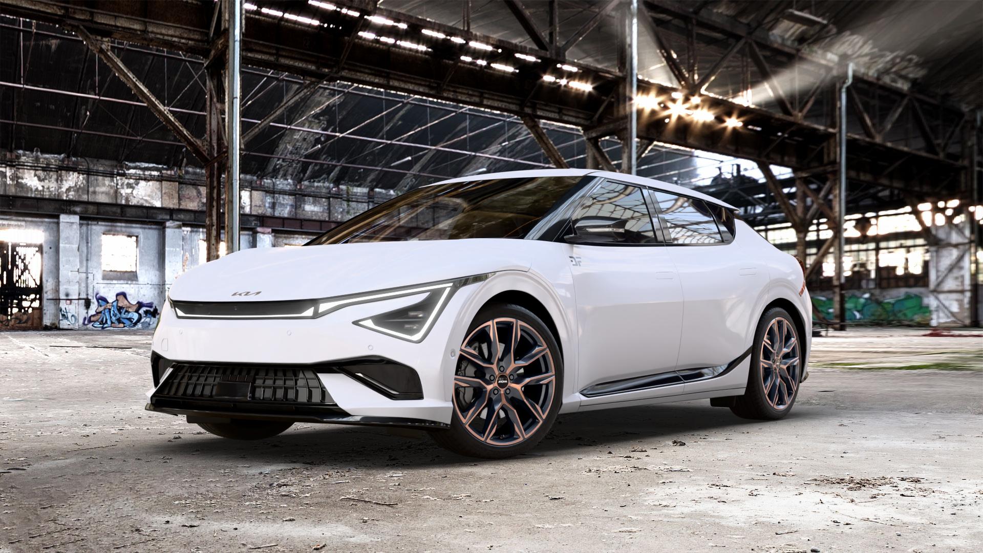 RONAL R71 JETBLACK COPPER MATT Felge mit Reifen schwarz bronze in 21Zoll Winterfelge Alufelge auf weissem Kia EV6 Typ CV Facelift 0,0l GT AWD 159kW (216 PS) ⬇️ mit 15mm Tieferlegung ⬇️ Old Industrial Hall_max_5300mm_2024 Frontansicht_1