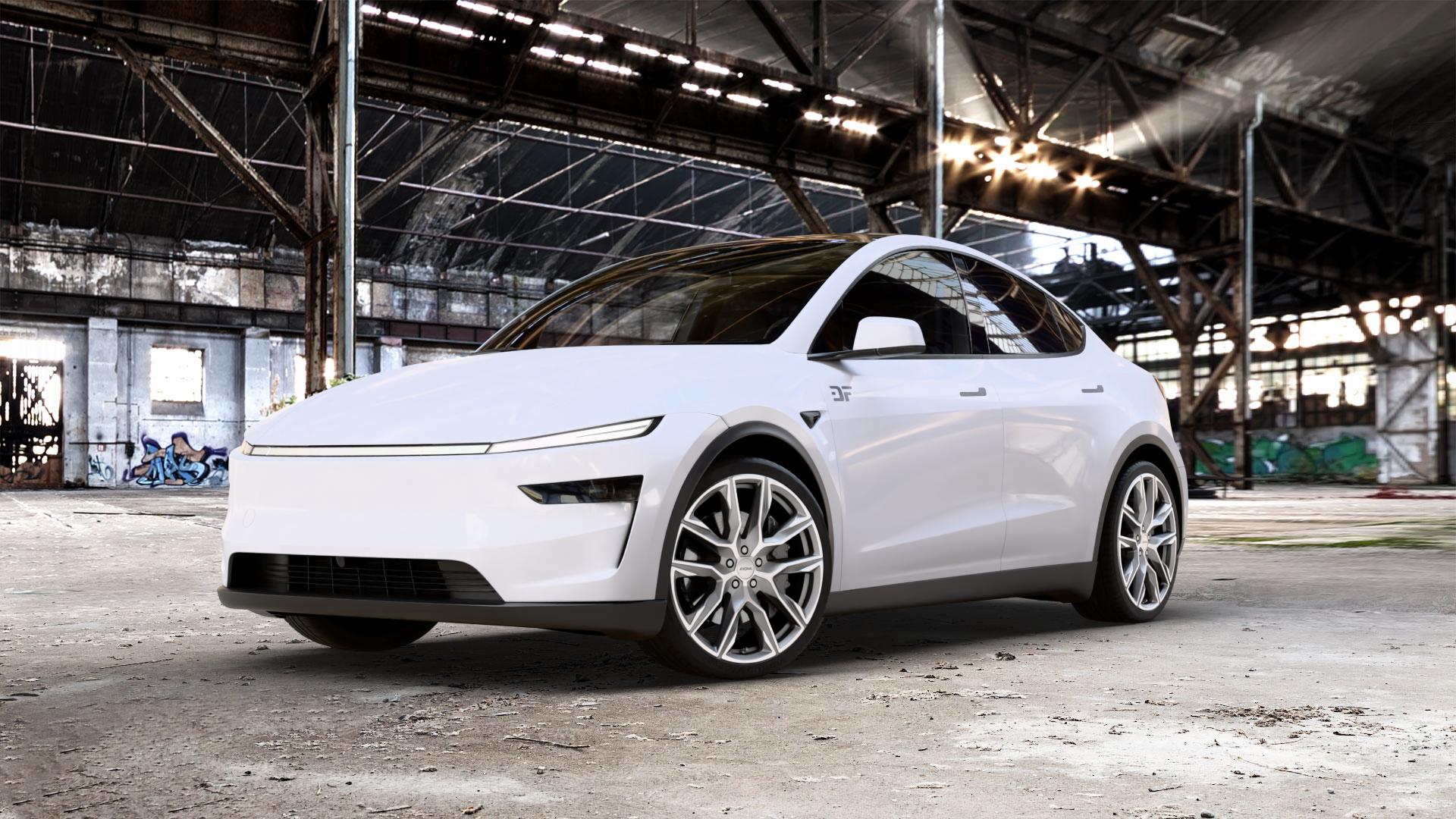 RONAL R71 ORBIT GREY MATT FRONTKOPIERT Felge mit Reifen grau silber schwarz orange in 21Zoll Winterfelge Alufelge auf weissem Tesla Model Y Typ 003 Facelift 003/005 ⬇️ mit 15mm Tieferlegung ⬇️ Old Industrial Hall_max_5300mm_2024 Frontansicht_1