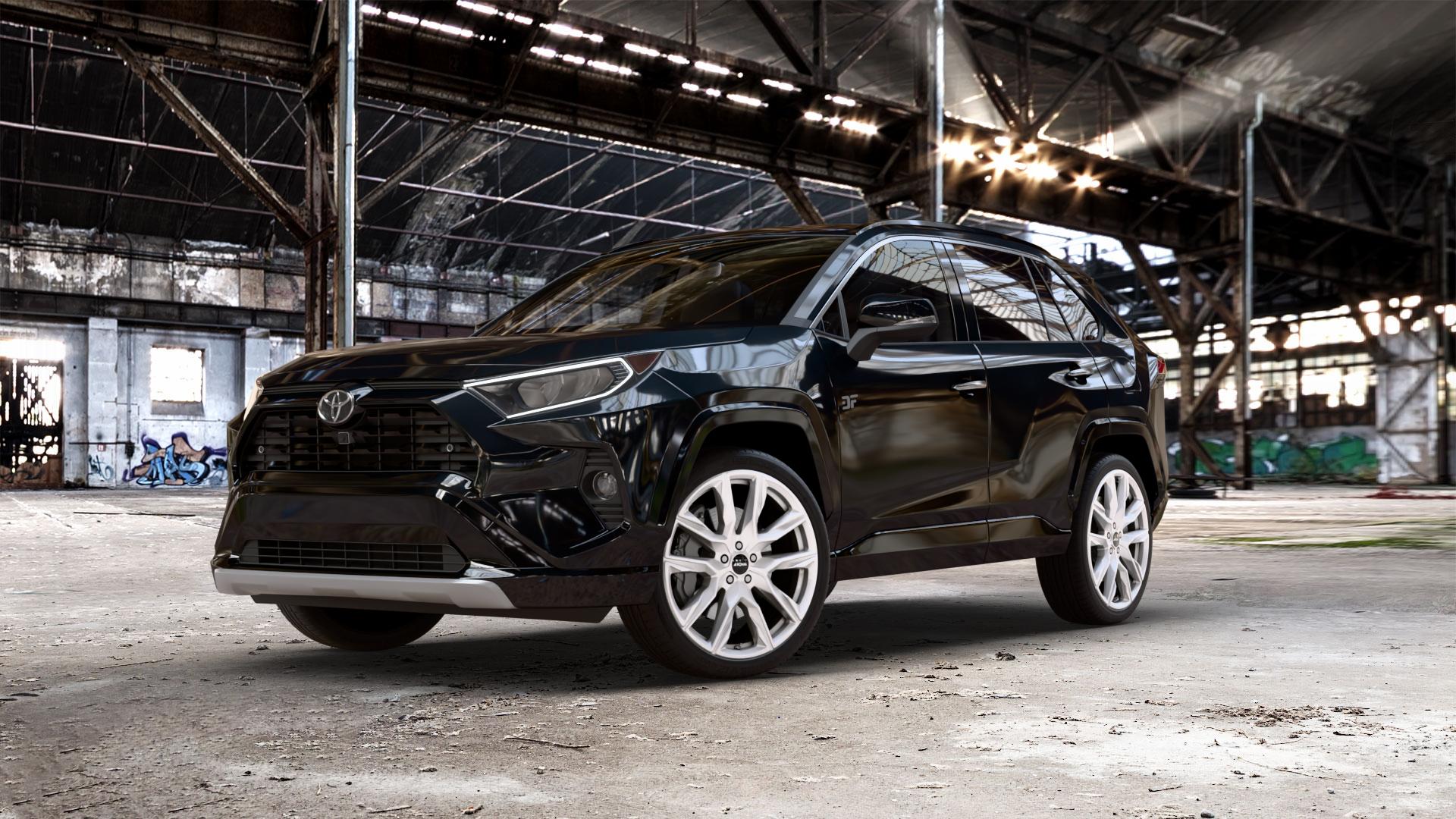 RONAL R71 PLATINUM SILVER Felge mit Reifen grau silber in 21Zoll Winterfelge Alufelge auf metallic schwarzem Toyota RAV 4 V Typ XA5(EU,M) Rav ⬇️ mit 15mm Tieferlegung ⬇️ Old Industrial Hall_max_5300mm_2024 Frontansicht_1