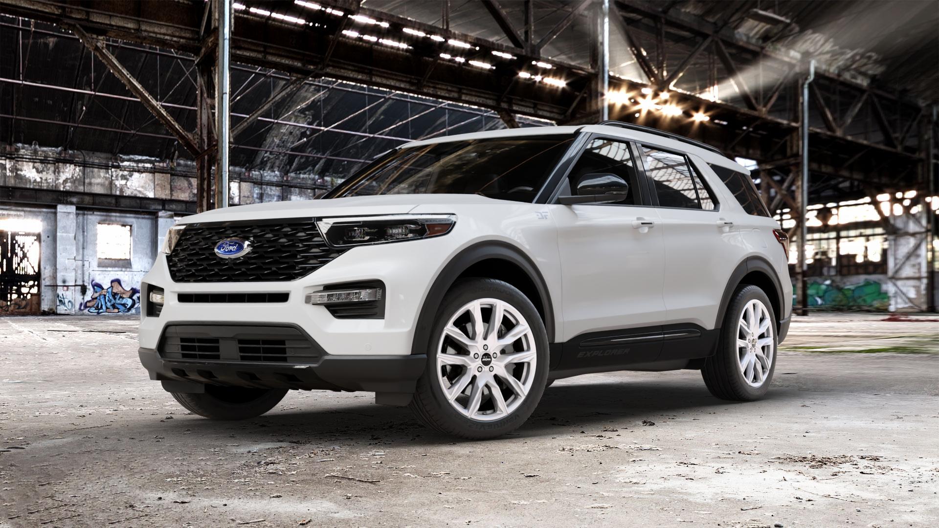 RONAL R71 PLATINUM SILVER Felge mit Reifen grau silber in 21Zoll Winterfelge Alufelge auf weissem Ford Explorer Typ WUJ ⬇️ mit 15mm Tieferlegung ⬇️ Old Industrial Hall_max_5300mm_2024 Frontansicht_1