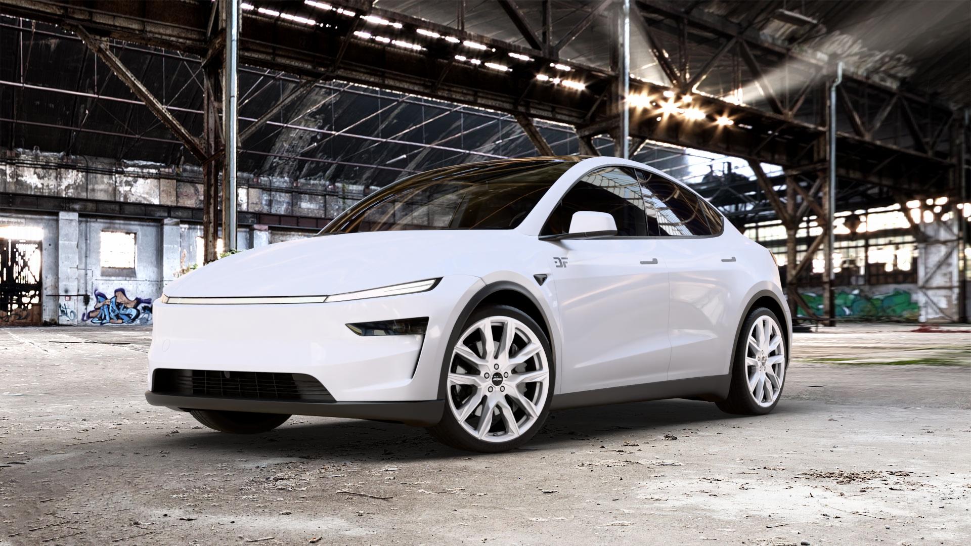 RONAL R71 PLATINUM SILVER Felge mit Reifen grau silber in 21Zoll Winterfelge Alufelge auf weissem Tesla Model Y Typ 003 Facelift 003/005 ⬇️ mit 15mm Tieferlegung ⬇️ Old Industrial Hall_max_5300mm_2024 Frontansicht_1