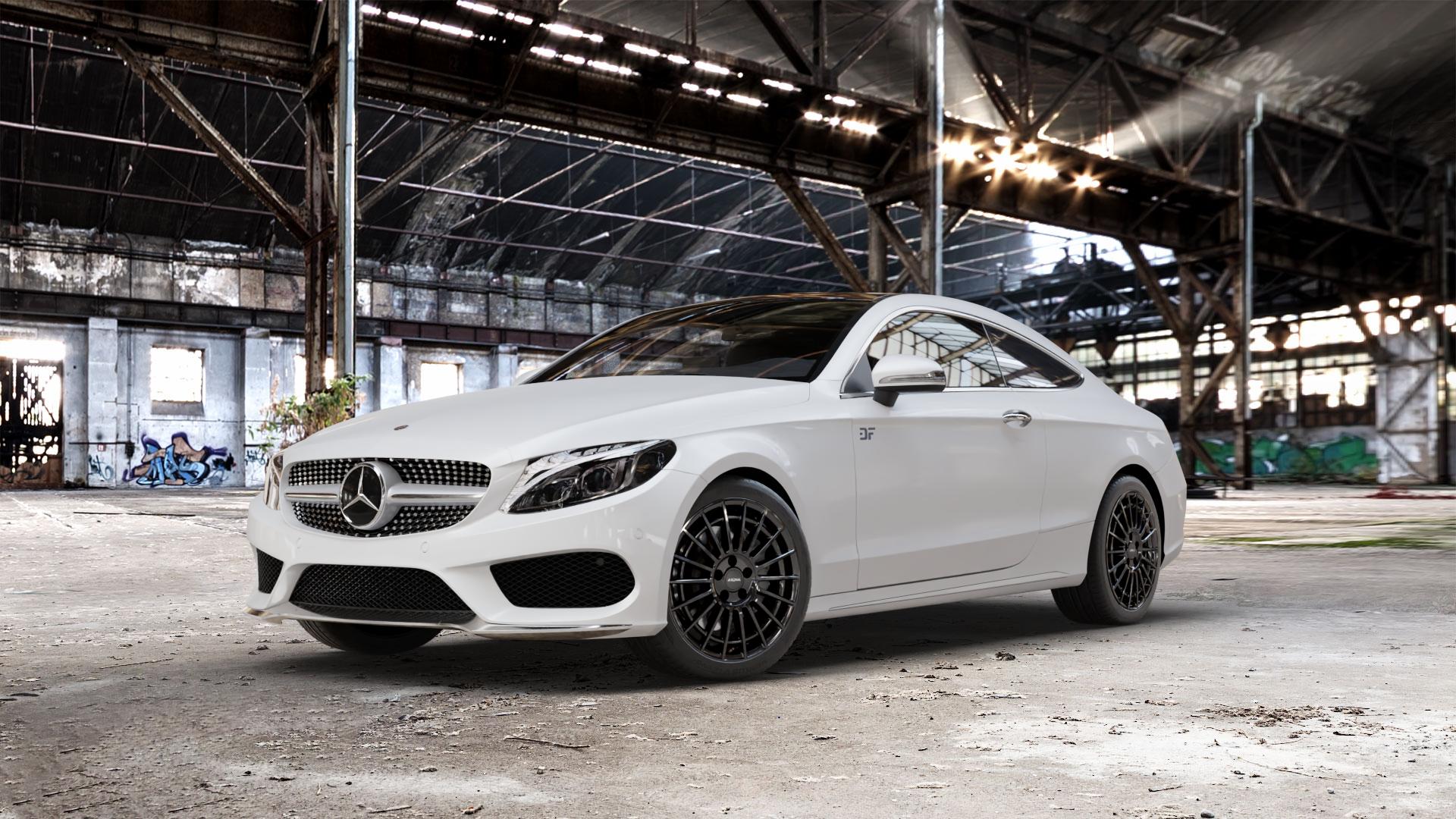 RONAL R73 JETBLACK MATT Felge mit Reifen schwarz in 18Zoll Winterfelge Alufelge auf weissem Mercedes C-Klasse Typ C205 Coupe Facelift ⬇️ mit 15mm Tieferlegung ⬇️ Old Industrial Hall_max_5300mm_2024 Frontansicht_1