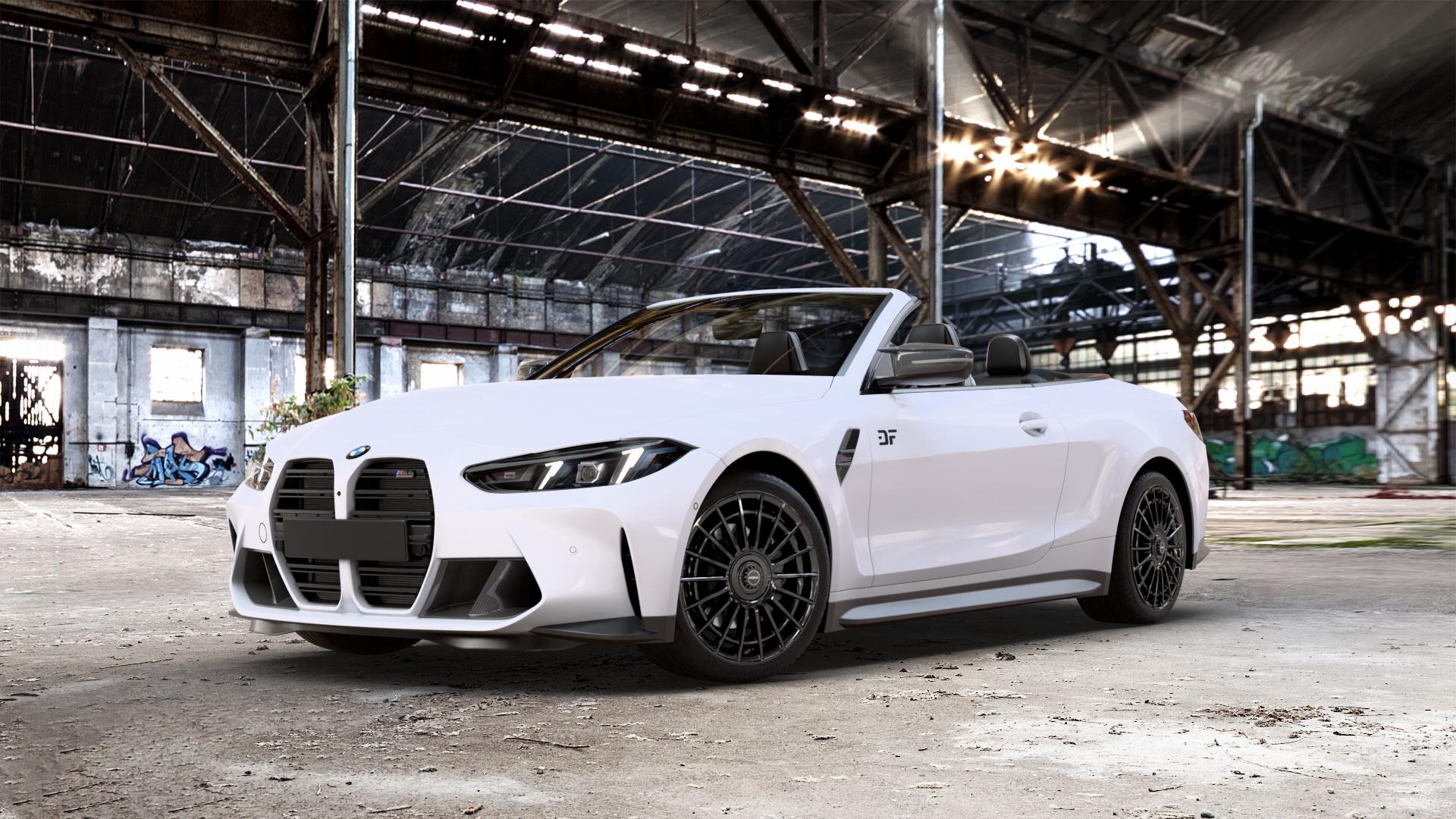 RONAL R73 REV B JETBLACK MATT Felge mit Reifen schwarz in 19Zoll Winterfelge Alufelge auf weissem BMW M4 Typ G83 (Cabrio) Facelift 3,0l 390kW Competition xDrive (530 PS) ⬇️ mit 15mm Tieferlegung ⬇️ Old Industrial Hall_max_5300mm_2024 Frontansicht_1