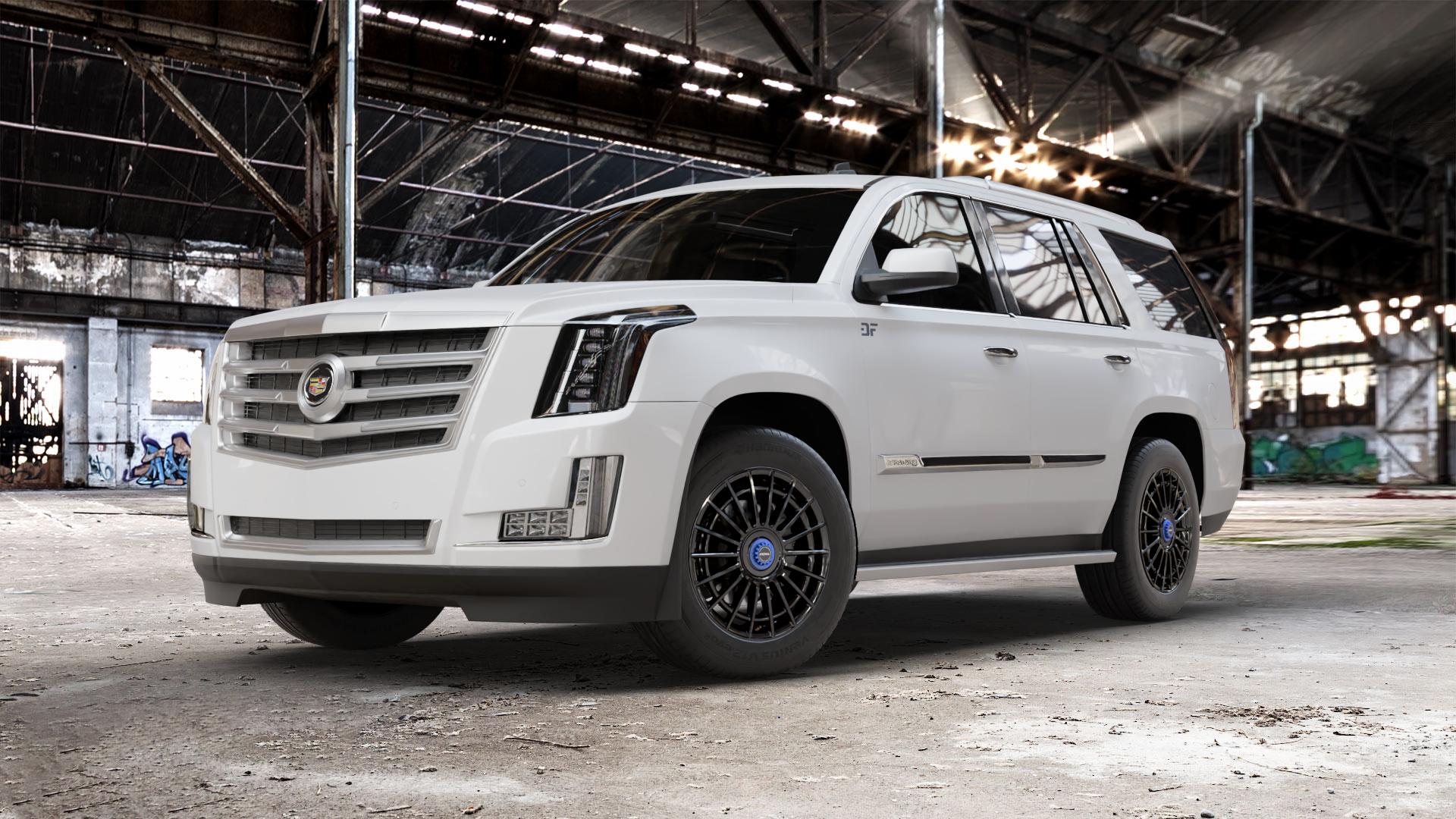 RONAL R73 REV M JETBLACK MATT Felge mit Reifen schwarz in 19Zoll Winterfelge Alufelge auf weissem Cadillac Escalade Typ GMT K2XX ⬇️ mit 15mm Tieferlegung ⬇️ Old Industrial Hall_max_5300mm_2024 Frontansicht_1