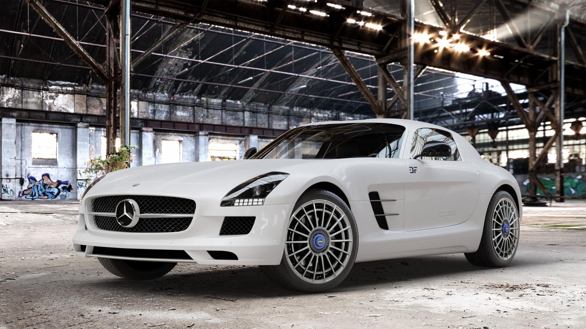 RONAL R73 REV M TREMOLITE METALLIC MATT Felge mit Reifen anthrazit in 19Zoll Winterfelge Alufelge auf weissem Mercedes SLS Typ C197 Coupe 6,2l AMG 420kW (571 PS) GT 435kW (591 Black Series 464kW (631 ⬇️ mit 15mm Tieferlegung ⬇️ Old Industrial Hall_max_4400mm_2024 Frontansicht_1