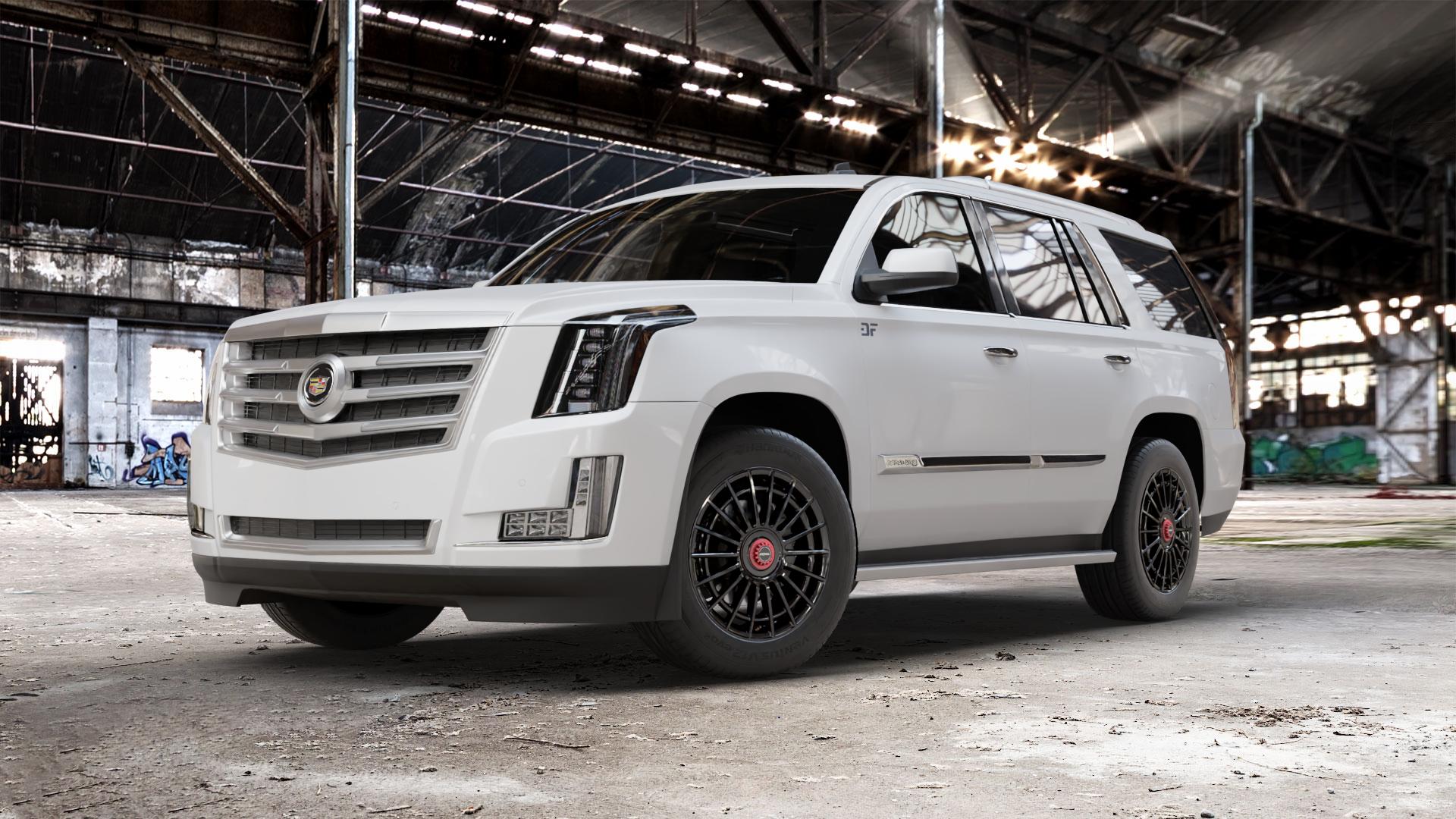 RONAL R73 REV R JETBLACK MATT Felge mit Reifen schwarz in 19Zoll Winterfelge Alufelge auf weissem Cadillac Escalade Typ GMT K2XX ⬇️ mit 15mm Tieferlegung ⬇️ Old Industrial Hall_max_5300mm_2024 Frontansicht_1