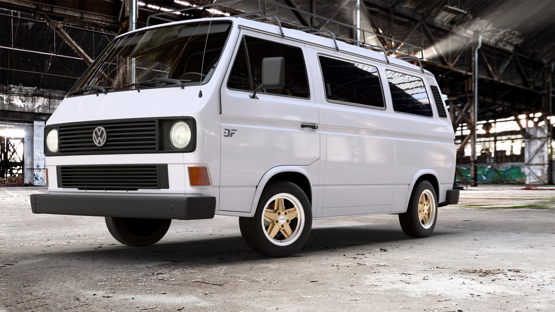 RONAL R9 RACING GOLD HORNKOPIERT Felge mit Reifen silber in 15Zoll Winterfelge Alufelge auf weissem Volkswagen (VW) T3 Campingwagen Caravelle Kastenwagen Kleinbus Transporter Krankenwagen ⬇️ mit 15mm Tieferlegung ⬇️ Old Industrial Hall_max_5300mm_2024 Frontansicht_1