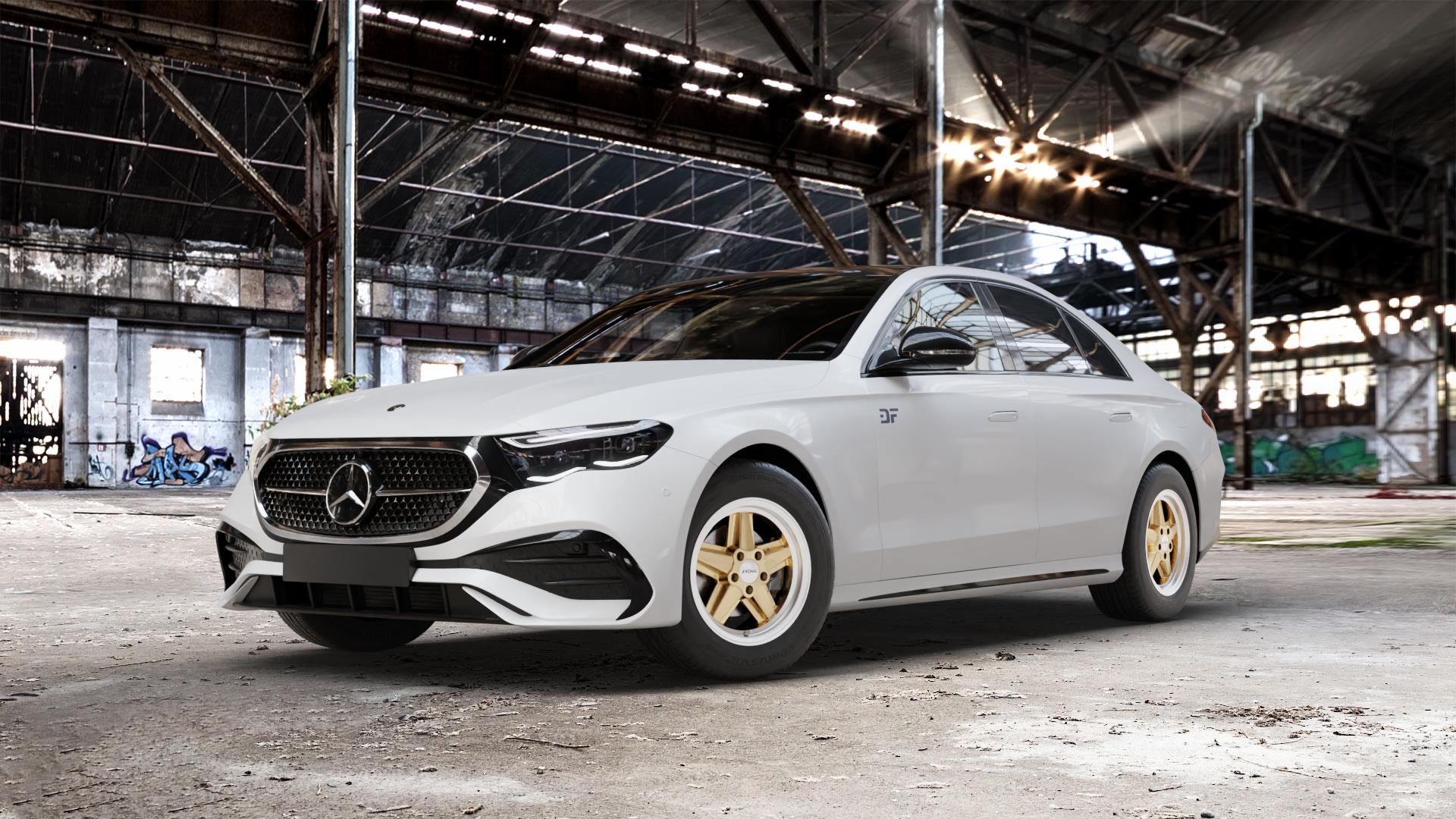RONAL R9 RACING GOLD HORNKOPIERT Felge mit Reifen silber in 16Zoll Winterfelge Alufelge auf weissem Mercedes E-Klasse Typ W214 Limousine (R2EW) ⬇️ mit 15mm Tieferlegung ⬇️ Old Industrial Hall_max_5300mm_2024 Frontansicht_1