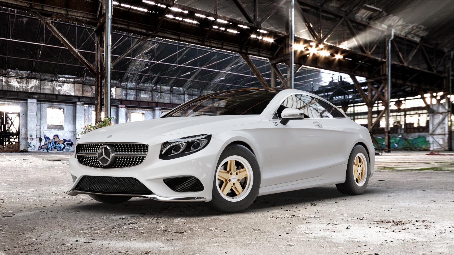 RONAL R9 RACING GOLD HORNKOPIERT Felge mit Reifen silber in 16Zoll Winterfelge Alufelge auf weissem Mercedes S-Klasse Typ C217 Facelift Coupe ⬇️ mit 15mm Tieferlegung ⬇️ Old Industrial Hall_max_5300mm_2024 Frontansicht_1
