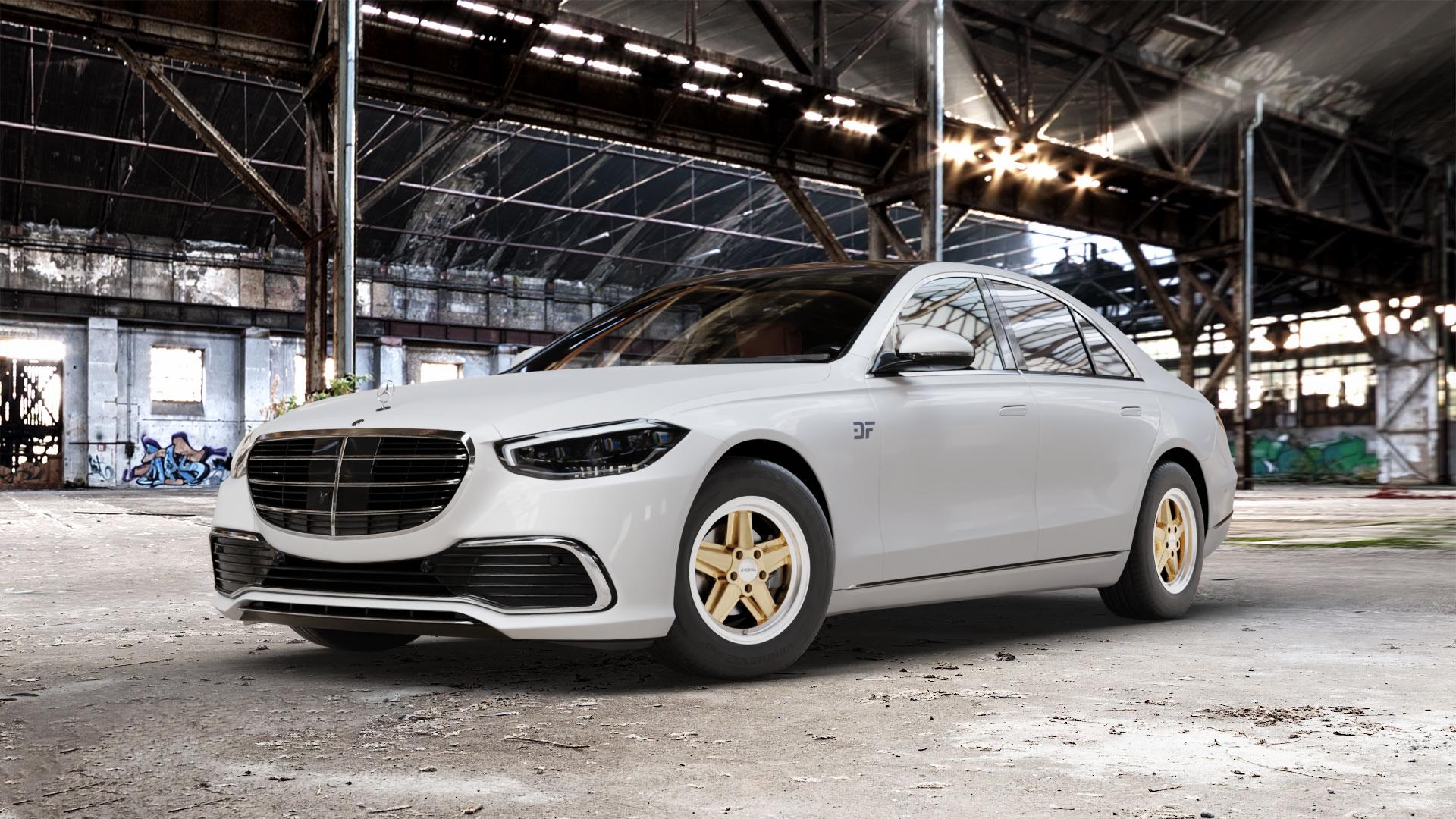 RONAL R9 RACING GOLD HORNKOPIERT Felge mit Reifen silber in 16Zoll Winterfelge Alufelge auf weissem Mercedes S-Klasse Typ W223 (R2S) ⬇️ mit 15mm Tieferlegung ⬇️ Old Industrial Hall_max_5300mm_2024 Frontansicht_1