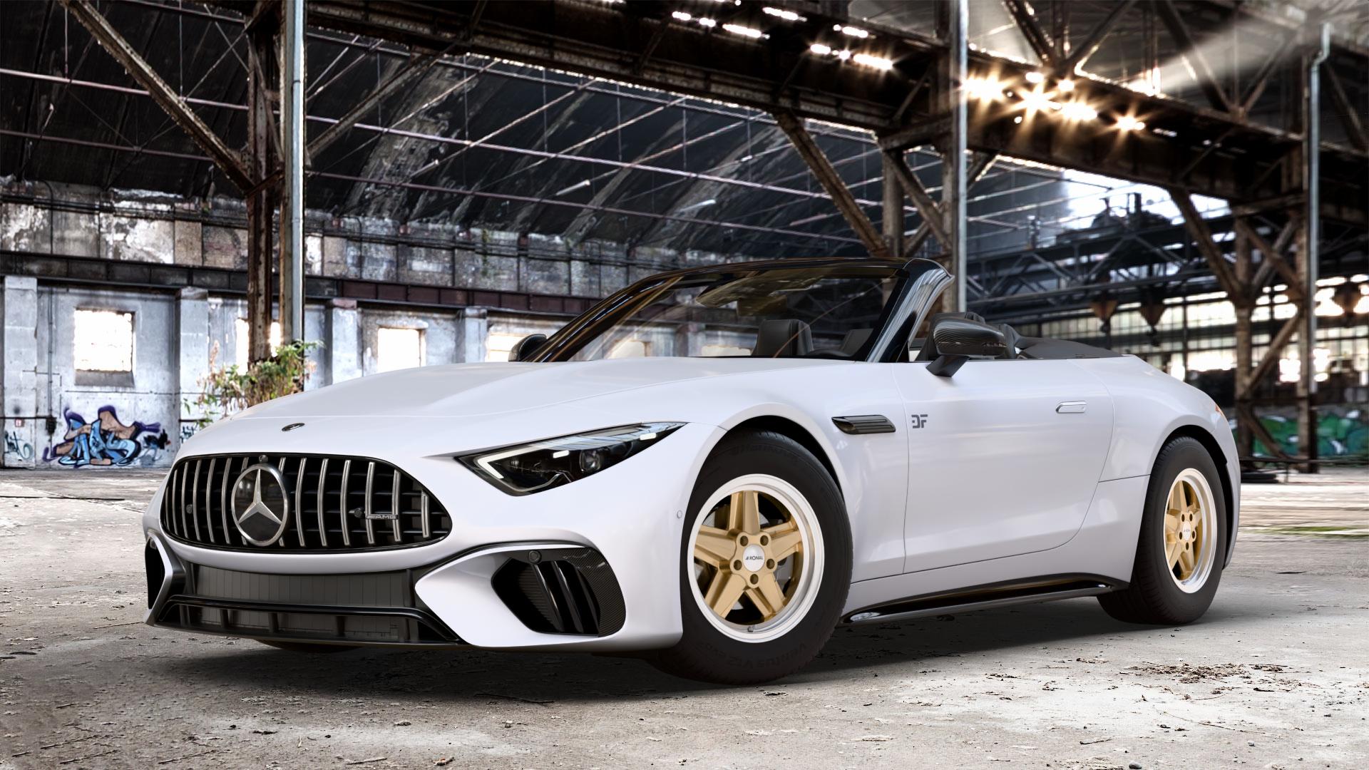 RONAL R9 RACING GOLD HORNKOPIERT Felge mit Reifen silber in 16Zoll Winterfelge Alufelge auf weissem Mercedes SL Typ R232 2,0l 43 280kW Mild-Hybrid (381 PS) 4,0l 55 4MATIC+ 350kW (476 63 430kW (585 ⬇️ mit 15mm Tieferlegung ⬇️ Old Industrial Hall_max_4400mm_2024 Frontansicht_1