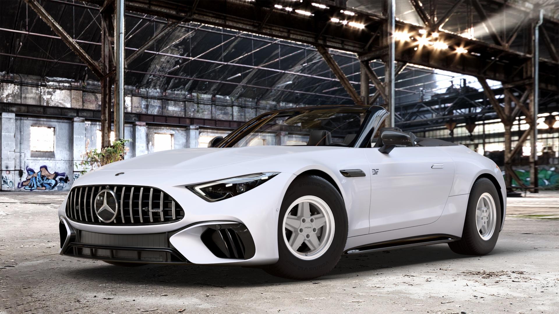 RONAL R9 SILBER HORNKOPIERT Felge mit Reifen in 15Zoll Winterfelge Alufelge auf weissem Mercedes SL Typ R232 2,0l 43 280kW Mild-Hybrid (381 PS) 4,0l 55 4MATIC+ 350kW (476 63 430kW (585 ⬇️ mit 15mm Tieferlegung ⬇️ Old Industrial Hall_max_4400mm_2024 Frontansicht_1
