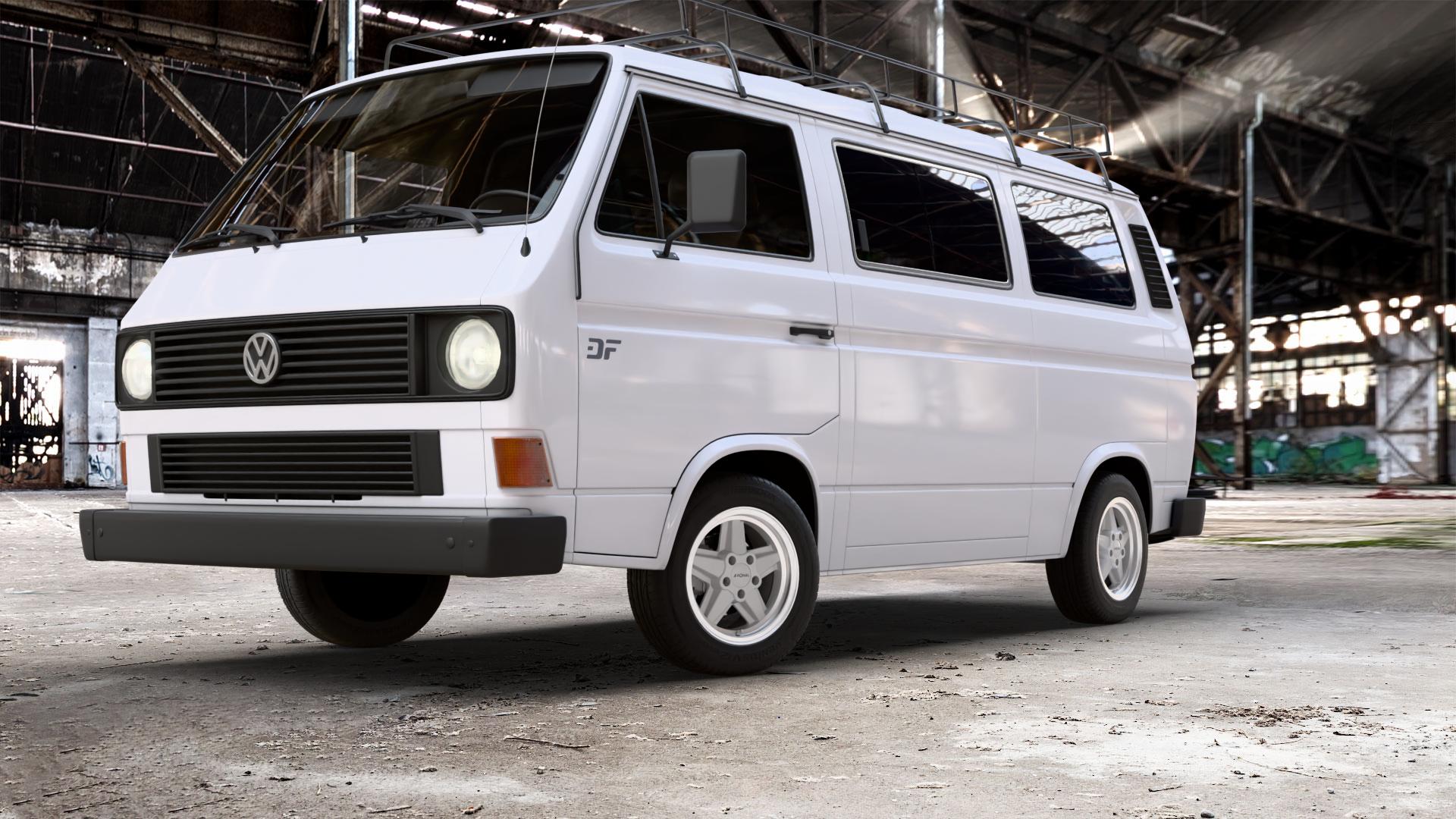 RONAL R9 SILBER HORNKOPIERT Felge mit Reifen in 15Zoll Winterfelge Alufelge auf weissem Volkswagen (VW) T3 Campingwagen Caravelle Kastenwagen Kleinbus Transporter Krankenwagen ⬇️ mit 15mm Tieferlegung ⬇️ Old Industrial Hall_max_5300mm_2024 Frontansicht_1