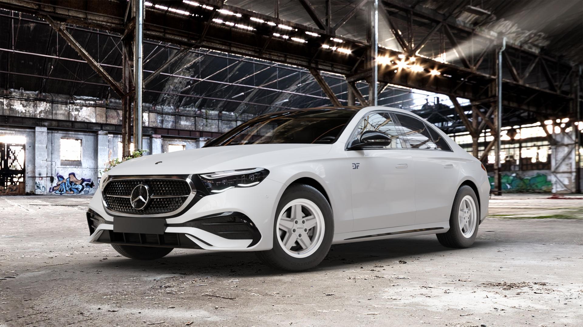 RONAL R9 SILBER HORNKOPIERT Felge mit Reifen in 16Zoll Winterfelge Alufelge auf weissem Mercedes E-Klasse Typ W214 Limousine (R2EW) ⬇️ mit 15mm Tieferlegung ⬇️ Old Industrial Hall_max_5300mm_2024 Frontansicht_1