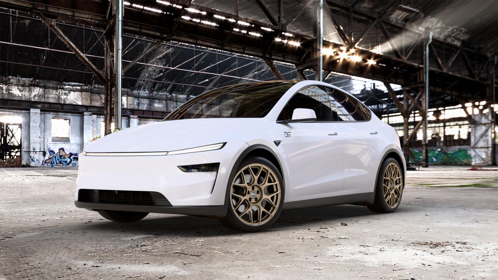 RONAL RF1 Forged BRONZE MATT Felge mit Reifen in 20Zoll Winterfelge Alufelge auf weissem Tesla Model Y Typ 003 Facelift 003/005 ⬇️ mit 15mm Tieferlegung ⬇️ Old Industrial Hall_max_5300mm_2024 Frontansicht_1