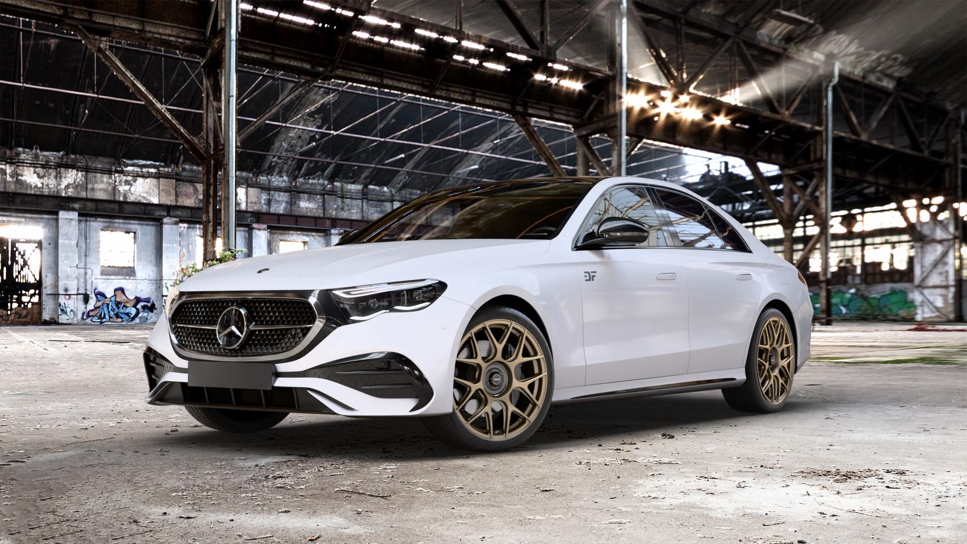 RONAL RF1 REV CRB BRONZE MATT Felge mit Reifen in 20Zoll Winterfelge Alufelge auf weissem Mercedes E-Klasse Typ W214 Limousine (R2EW) ⬇️ mit 15mm Tieferlegung ⬇️ Old Industrial Hall_max_5300mm_2024 Frontansicht_1