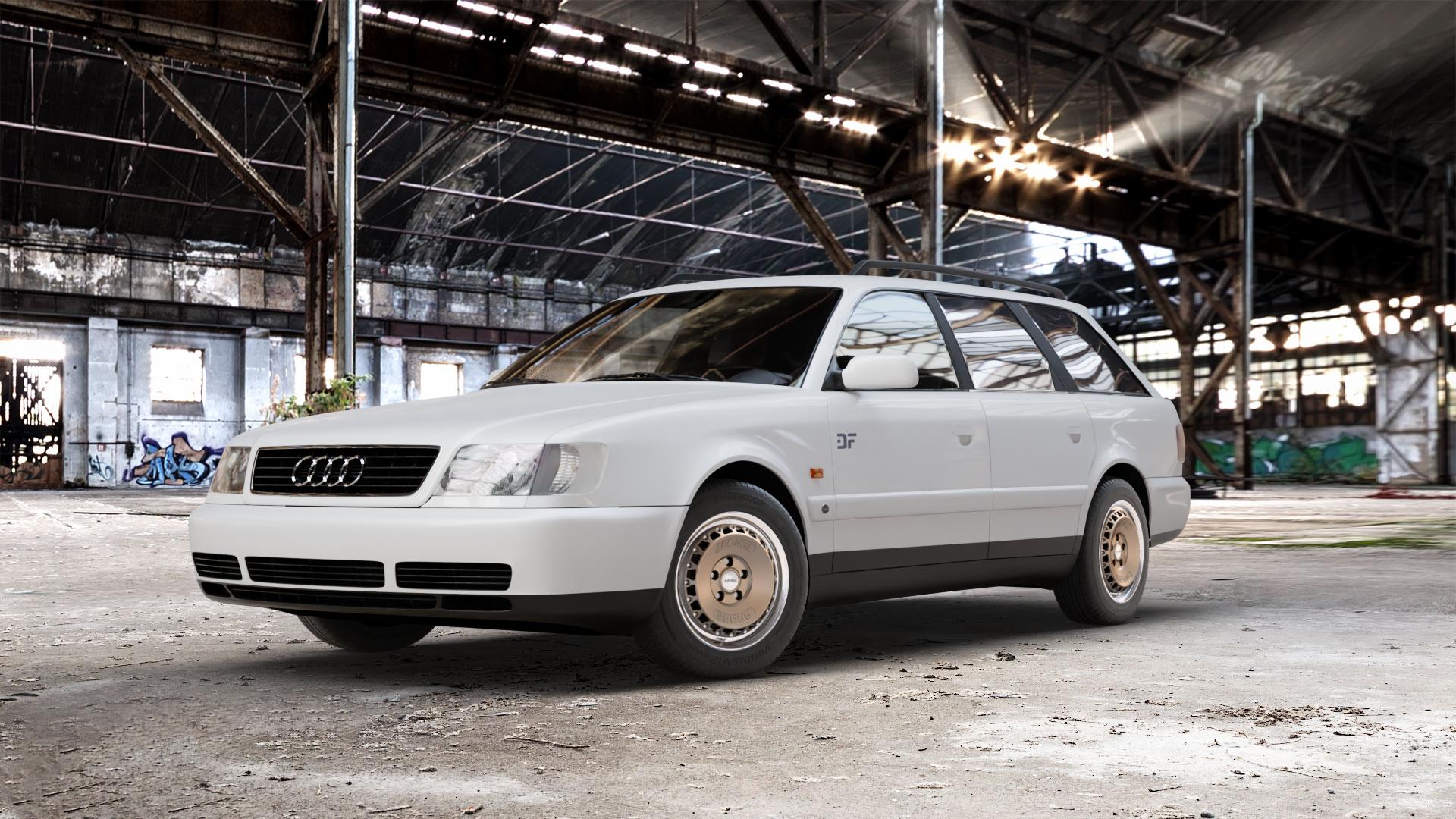 RONAL RR10 BRONZE MATT Felge mit Reifen in 15Zoll Winterfelge Alufelge auf weissem Audi 100 Typ C4 (Avant) A6 4A/C4 ⬇️ mit 15mm Tieferlegung ⬇️ Old Industrial Hall_max_5300mm_2024 Frontansicht_1