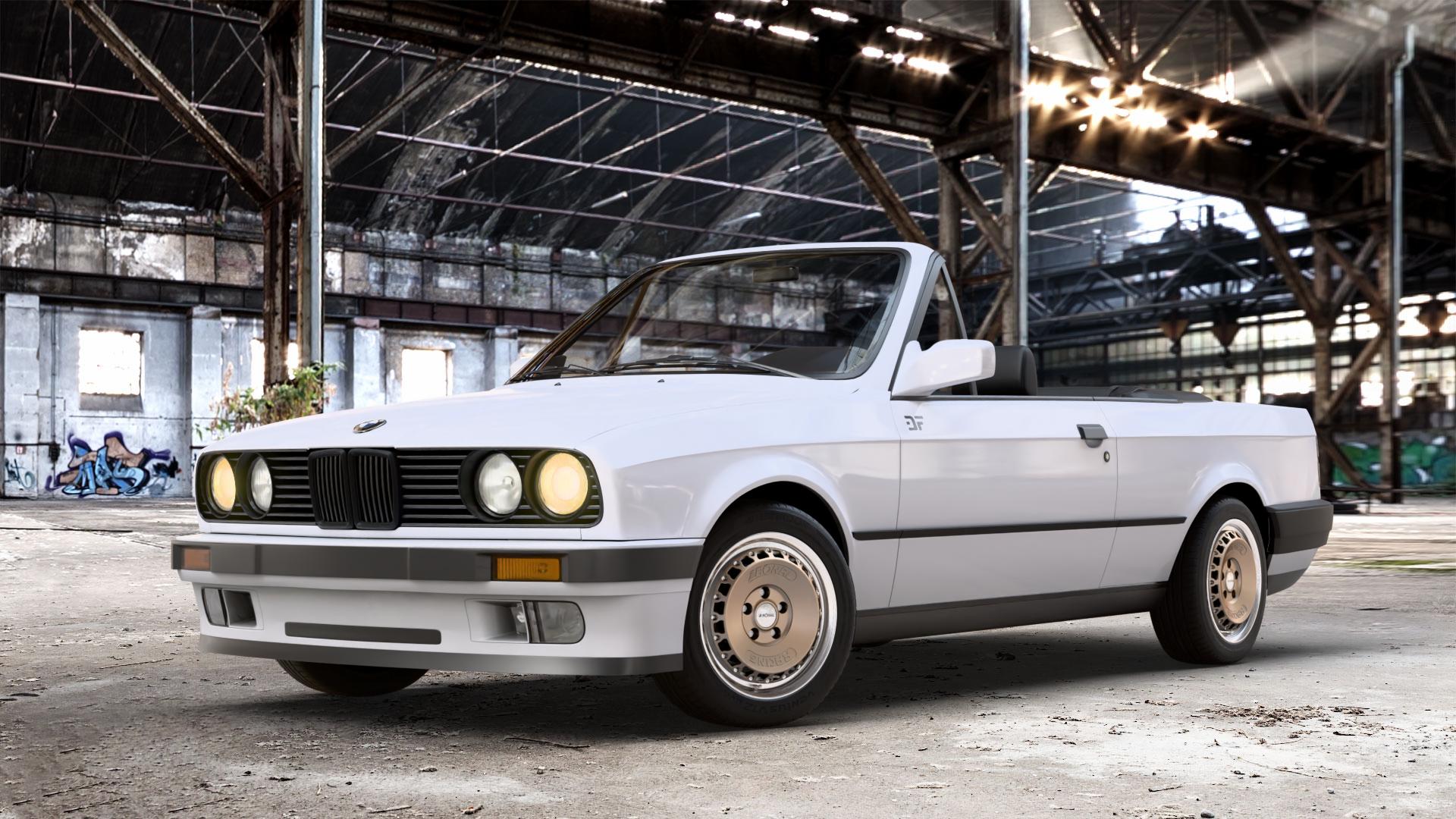 RONAL RR10 BRONZE MATT Felge mit Reifen in 15Zoll Winterfelge Alufelge auf weissem BMW 3er E30 Cabrio (3/R) ⬇️ mit 15mm Tieferlegung ⬇️ Old Industrial Hall_max_4400mm_2024 Frontansicht_1