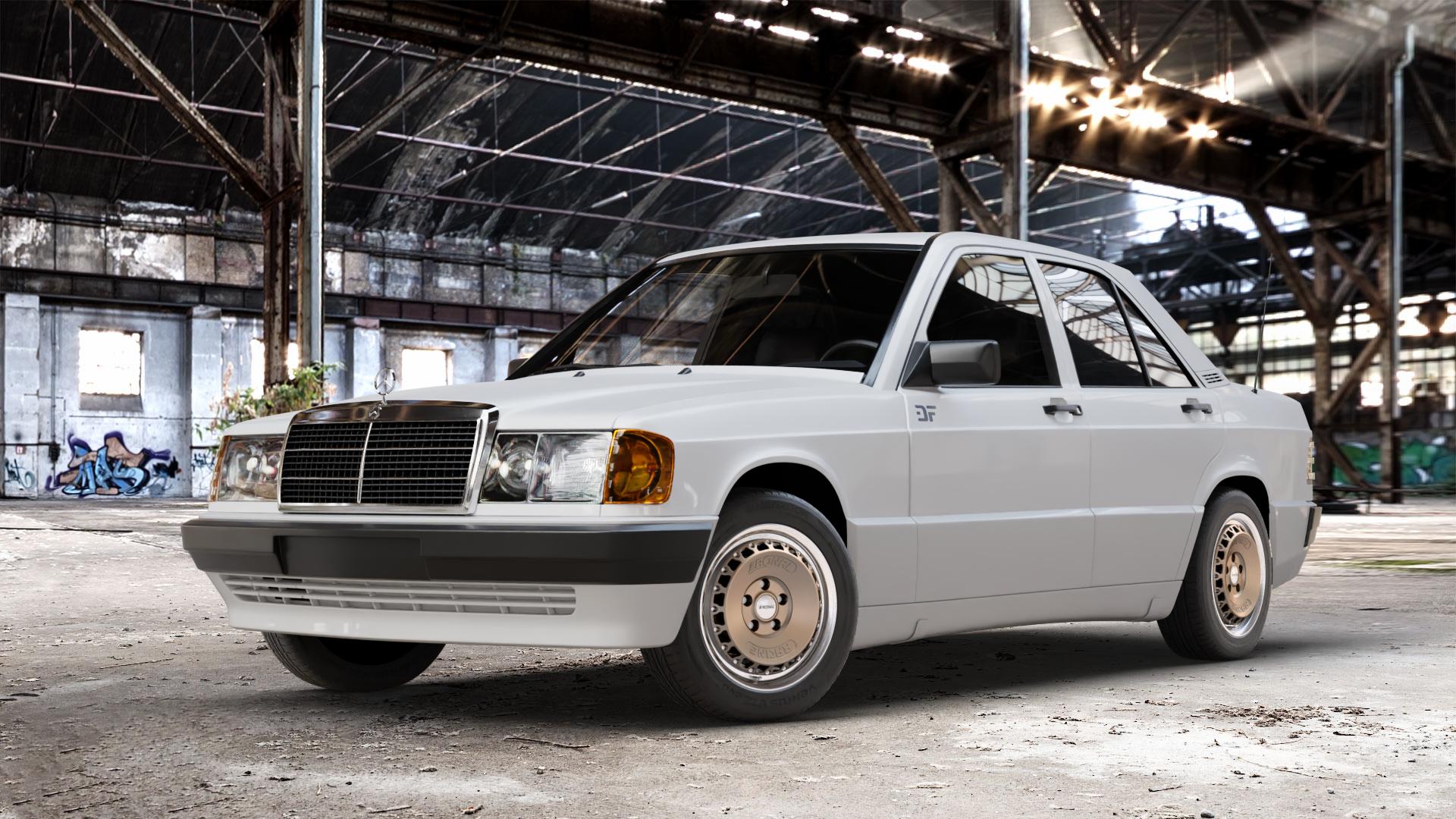 RONAL RR10 BRONZE MATT Felge mit Reifen in 15Zoll Winterfelge Alufelge auf weissem Mercedes 190 Typ W201 190er ⬇️ mit 15mm Tieferlegung ⬇️ Old Industrial Hall_max_4400mm_2024 Frontansicht_1