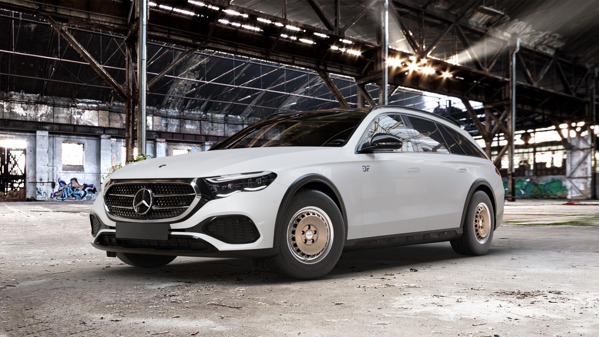 RONAL RR10 BRONZE MATT Felge mit Reifen in 15Zoll Winterfelge Alufelge auf weissem Mercedes E-Klasse Typ S214 All-Terrain Coupe ⬇️ mit 15mm Tieferlegung ⬇️ Old Industrial Hall_max_5300mm_2024 Frontansicht_1