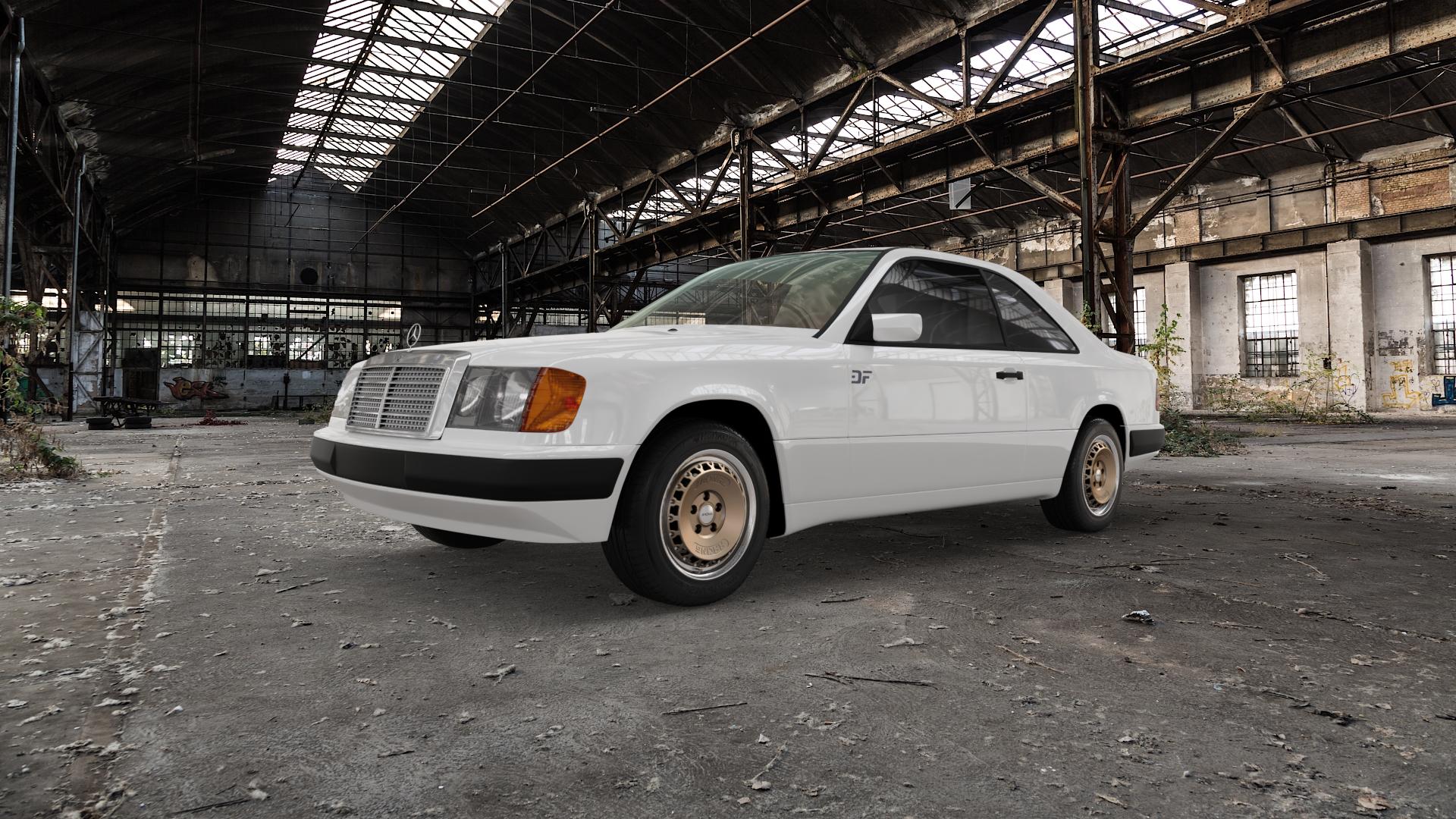 RONAL RR10 BRONZE MATT Felge mit Reifen in 15Zoll Winterfelge Alufelge auf weissem Mercedes E-Klasse Typ W124 Coupe ⬇️ mit 15mm Tieferlegung ⬇️ Old Industrial Hall_max5000mm_2022 Frontansicht_1