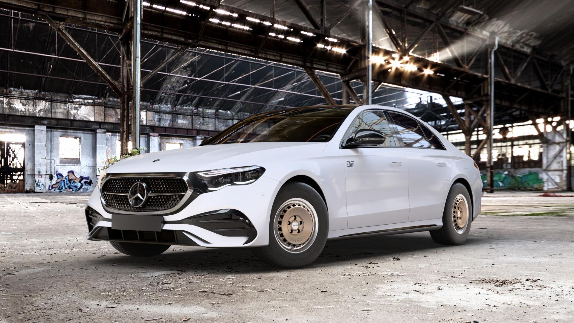 RONAL RR10 BRONZE MATT Felge mit Reifen in 15Zoll Winterfelge Alufelge auf weissem Mercedes E-Klasse Typ W214 Limousine (R2EW) ⬇️ mit 15mm Tieferlegung ⬇️ Old Industrial Hall_max_5300mm_2024 Frontansicht_1