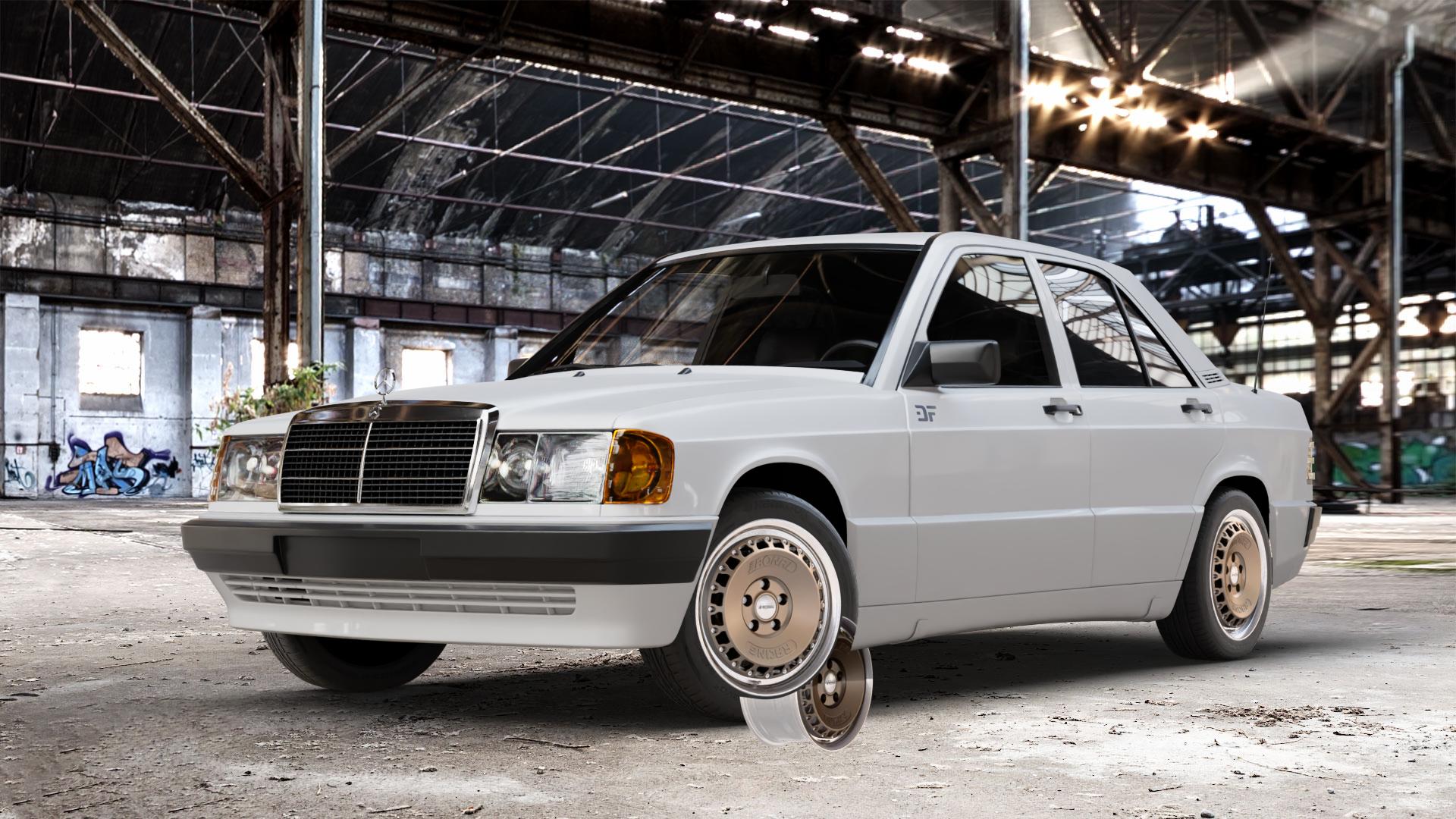 RONAL RR10 BRONZE MATT Felge mit Reifen in 16Zoll Winterfelge Alufelge auf weissem Mercedes 190 Typ W201 190er ⬇️ mit 15mm Tieferlegung ⬇️ Old Industrial Hall_max_4400mm_2024 Frontansicht_1