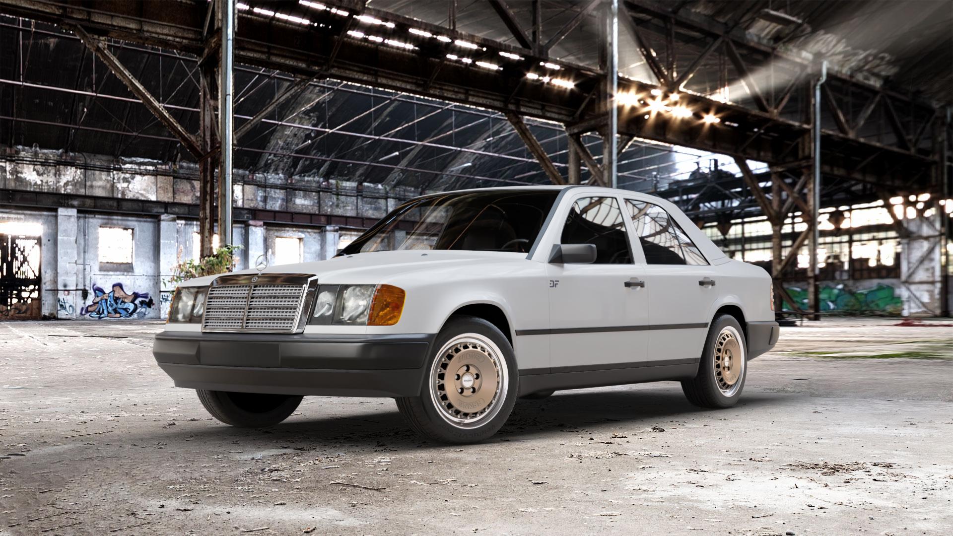 RONAL RR10 BRONZE MATT Felge mit Reifen in 16Zoll Winterfelge Alufelge auf weissem Mercedes E-Klasse Typ W124 Limousine ⬇️ mit 15mm Tieferlegung ⬇️ Old Industrial Hall_max_5300mm_2024 Frontansicht_1