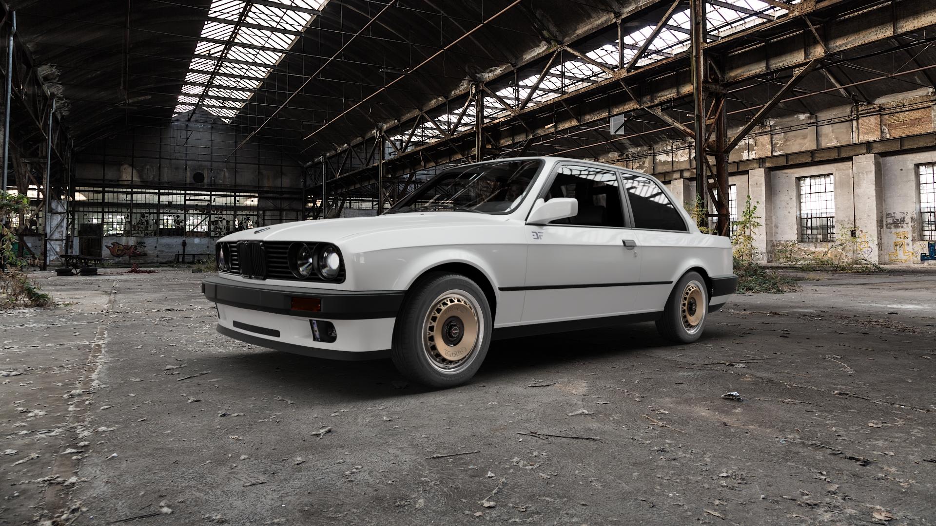 RONAL RR10 REV B BRONZE MATT Felge mit Reifen in 15Zoll Winterfelge Alufelge auf weissem BMW 316i Typ E30 (Limousine) 318i 320i 325i 318is 323i 325e 324d 324td 325xi 320is 3er Limousine (3/1, 3/A) 02-Serie E21 (BMW 3) E9 Coupe ⬇️ mit 15mm Tieferlegung ⬇️ Old Industrial Hall_max5000mm_2022 Frontansicht_1