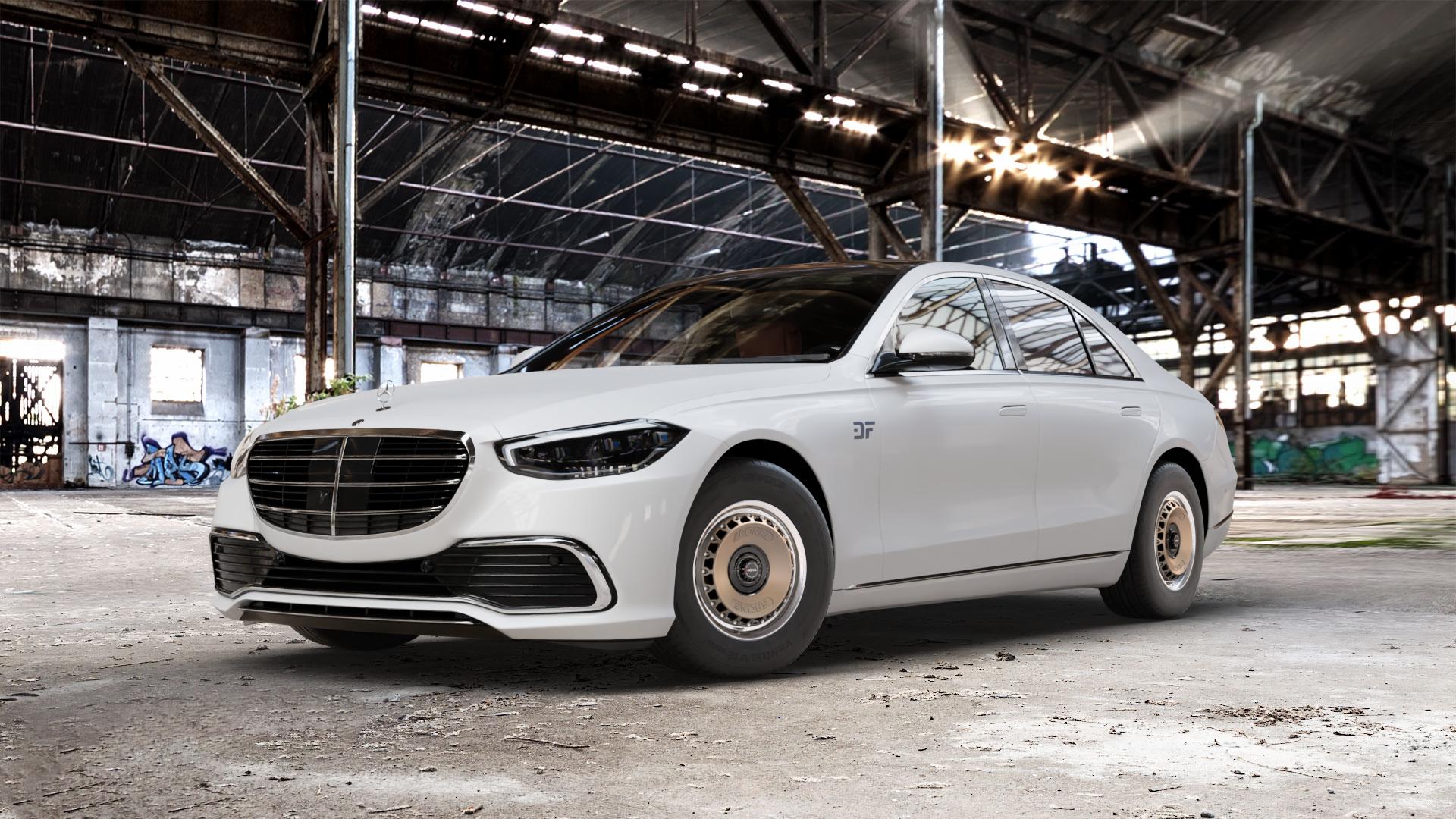 RONAL RR10 REV B BRONZE MATT Felge mit Reifen in 15Zoll Winterfelge Alufelge auf weissem Mercedes S-Klasse Typ W223 (R2S) ⬇️ mit 15mm Tieferlegung ⬇️ Old Industrial Hall_max_5300mm_2024 Frontansicht_1