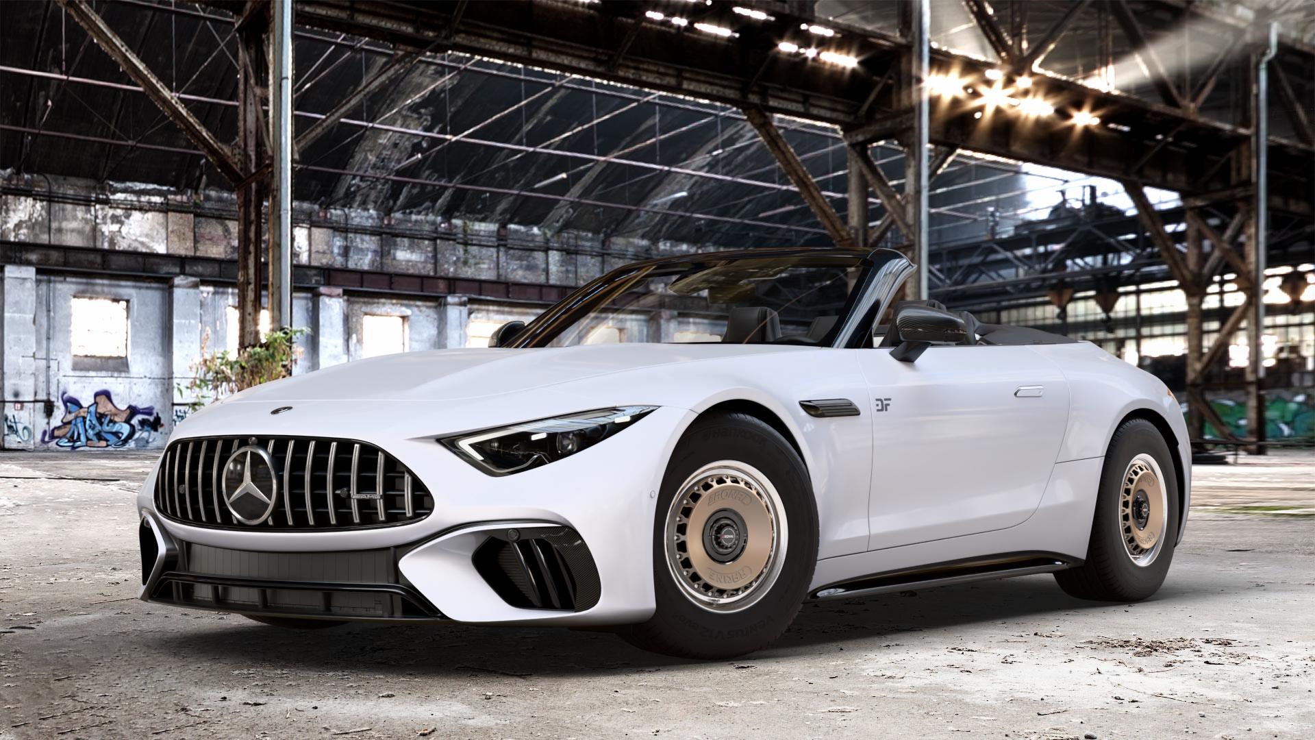 RONAL RR10 REV B BRONZE MATT Felge mit Reifen in 15Zoll Winterfelge Alufelge auf weissem Mercedes SL Typ R232 2,0l 43 280kW Mild-Hybrid (381 PS) 4,0l 55 4MATIC+ 350kW (476 63 430kW (585 ⬇️ mit 15mm Tieferlegung ⬇️ Old Industrial Hall_max_4400mm_2024 Frontansicht_1