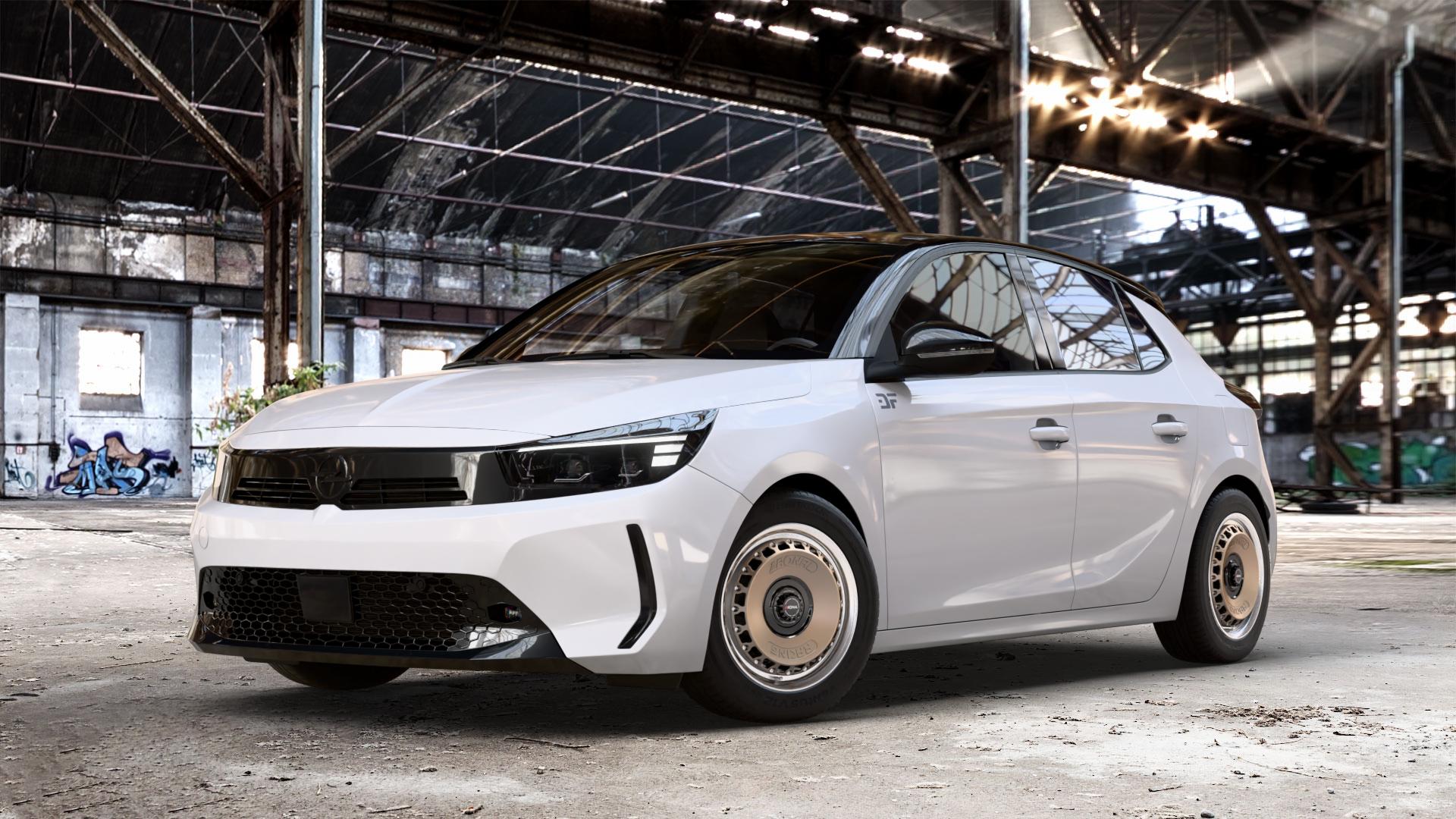 RONAL RR10 REV B BRONZE MATT Felge mit Reifen in 15Zoll Winterfelge Alufelge auf weissem Opel Corsa F Typ U Facelift 0,0l 57kW Corsa-e (77 PS) 62kW (84 1,2l Turbo 74kW Mild-Hybrid (101 100kW (136 ⬇️ mit 15mm Tieferlegung ⬇️ Old Industrial Hall_max_4400mm_2024 Frontansicht_1
