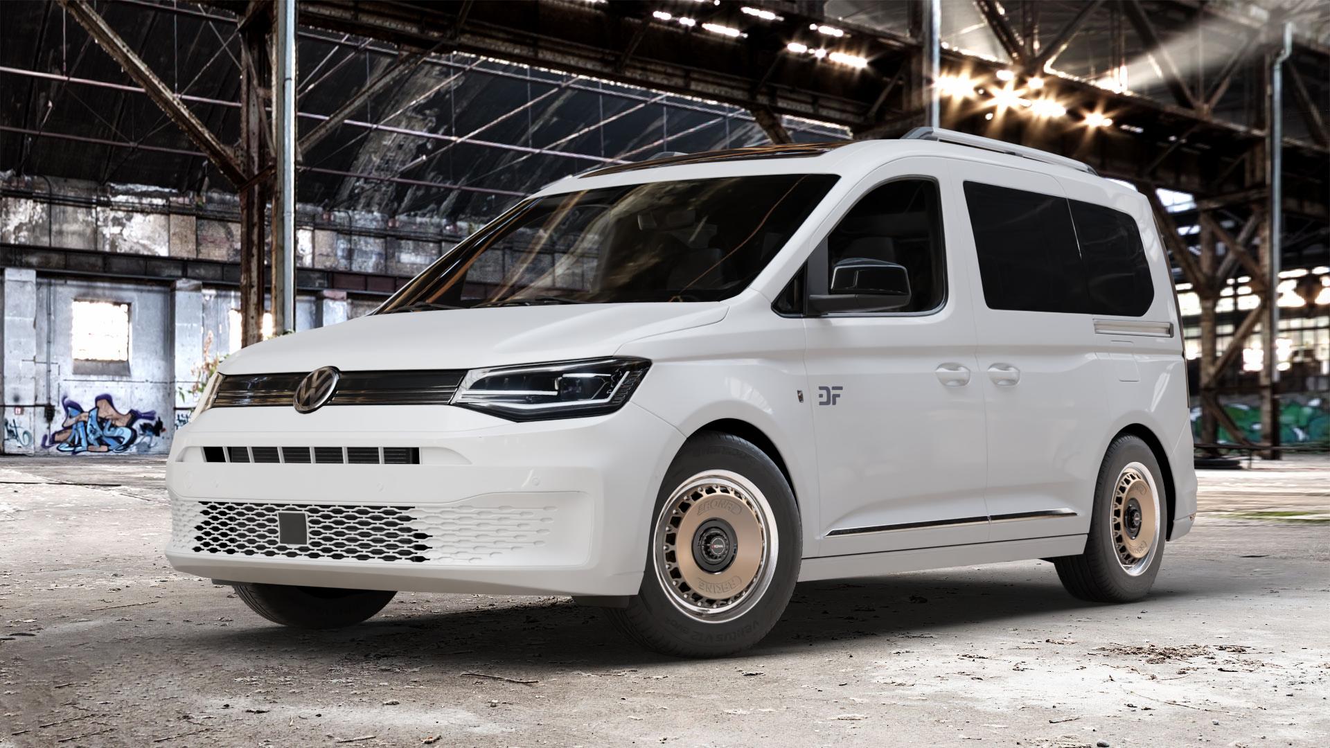 RONAL RR10 REV B BRONZE MATT Felge mit Reifen in 15Zoll Winterfelge Alufelge auf weissem Volkswagen (VW) Caddy 5 Typ SK SKN Transporter Wohnmobil ⬇️ mit 15mm Tieferlegung ⬇️ Old Industrial Hall_max_4400mm_2024 Frontansicht_1