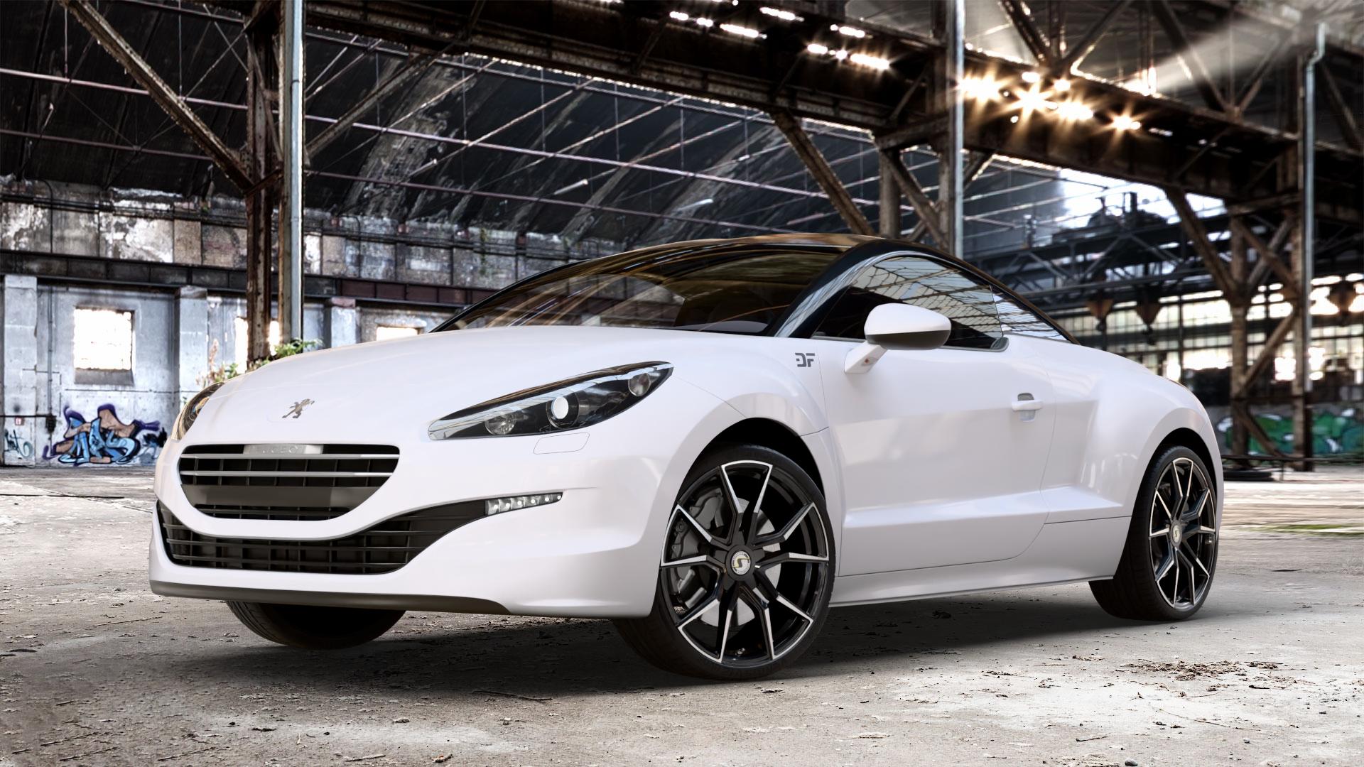 SchmidtRevolution Schmidt Drago Softhorn HellCat Black Felge mit Reifen silber schwarz in 20Zoll Alufelge auf weissem Peugeot RCZ Facelift ⬇️ mit 15mm Tieferlegung ⬇️ Old Industrial Hall_max_4400mm_2024 Frontansicht_1