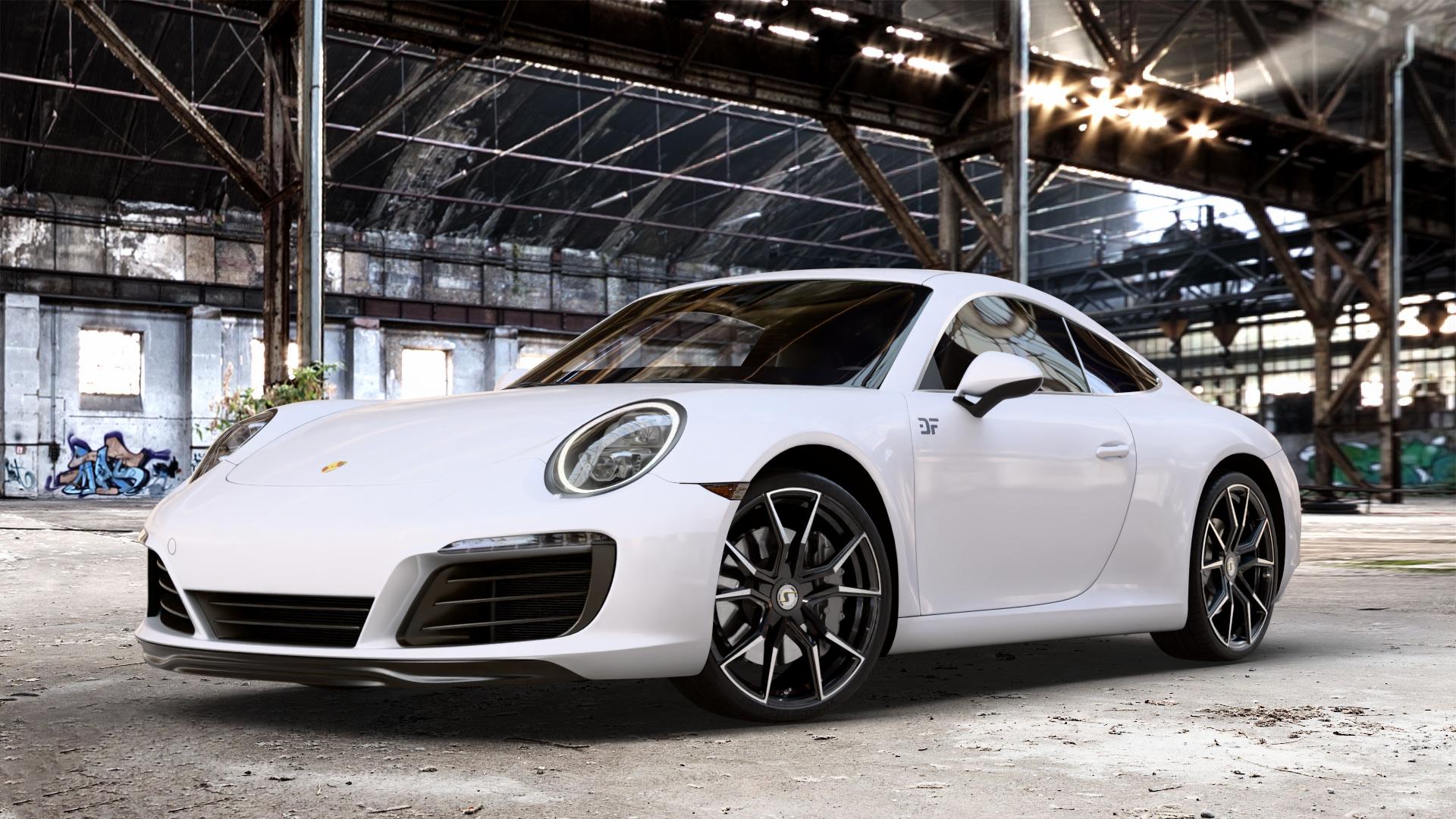 SchmidtRevolution Schmidt Drago Softhorn HellCat Black Felge mit Reifen silber schwarz in 20Zoll Alufelge auf weissem Porsche 911 Typ 991 Cabriolet Facelift ⬇️ mit 15mm Tieferlegung ⬇️ Old Industrial Hall_max_4400mm_2024 Frontansicht_1