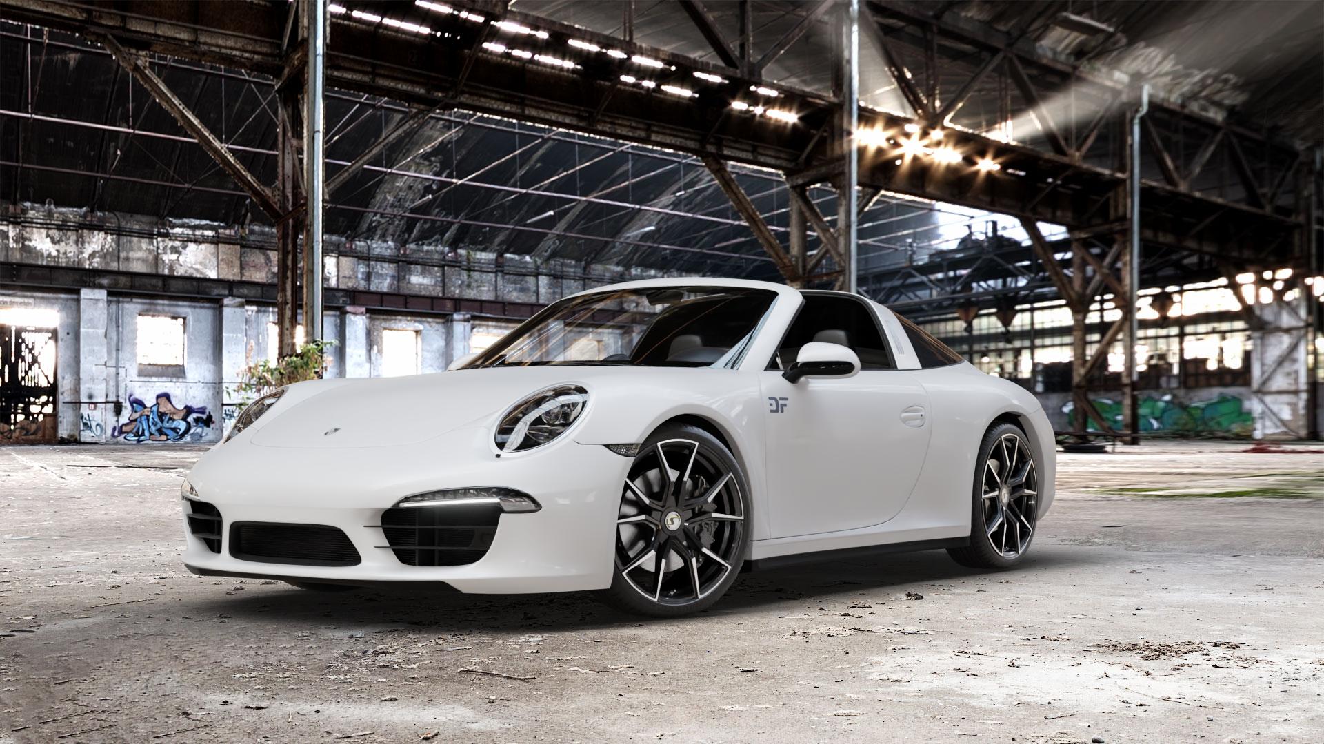 SchmidtRevolution Schmidt Drago Softhorn HellCat Black Felge mit Reifen silber schwarz in 20Zoll Alufelge auf weissem Porsche 911 Typ 991 Targa ⬇️ mit 15mm Tieferlegung ⬇️ Old Industrial Hall_max_5300mm_2024 Frontansicht_1