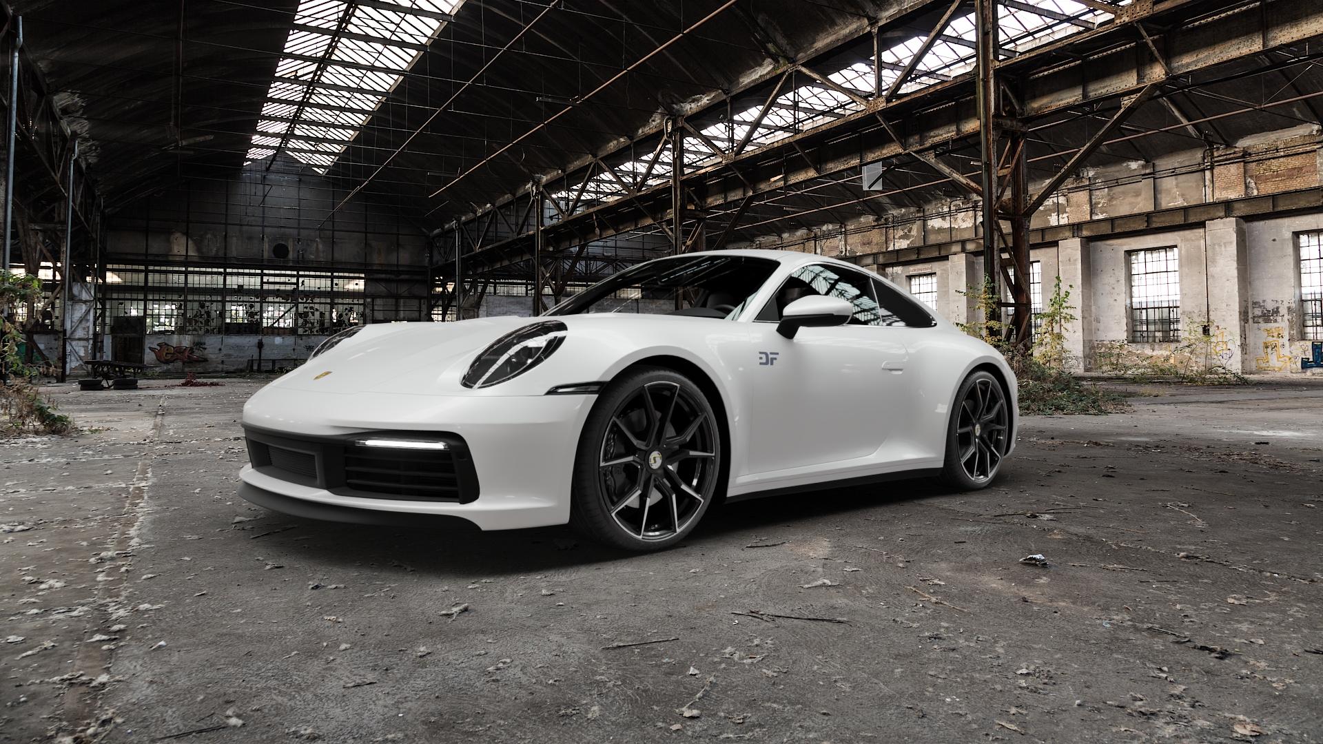 SchmidtRevolution Schmidt Drago Softhorn HellCat Black Felge mit Reifen silber schwarz in 20Zoll Alufelge auf weissem Porsche 911 Typ 992 Cabriolet 992TR Targa Facelift ⬇️ mit 15mm Tieferlegung ⬇️ Old Industrial Hall_max5000mm_2022 Frontansicht_1