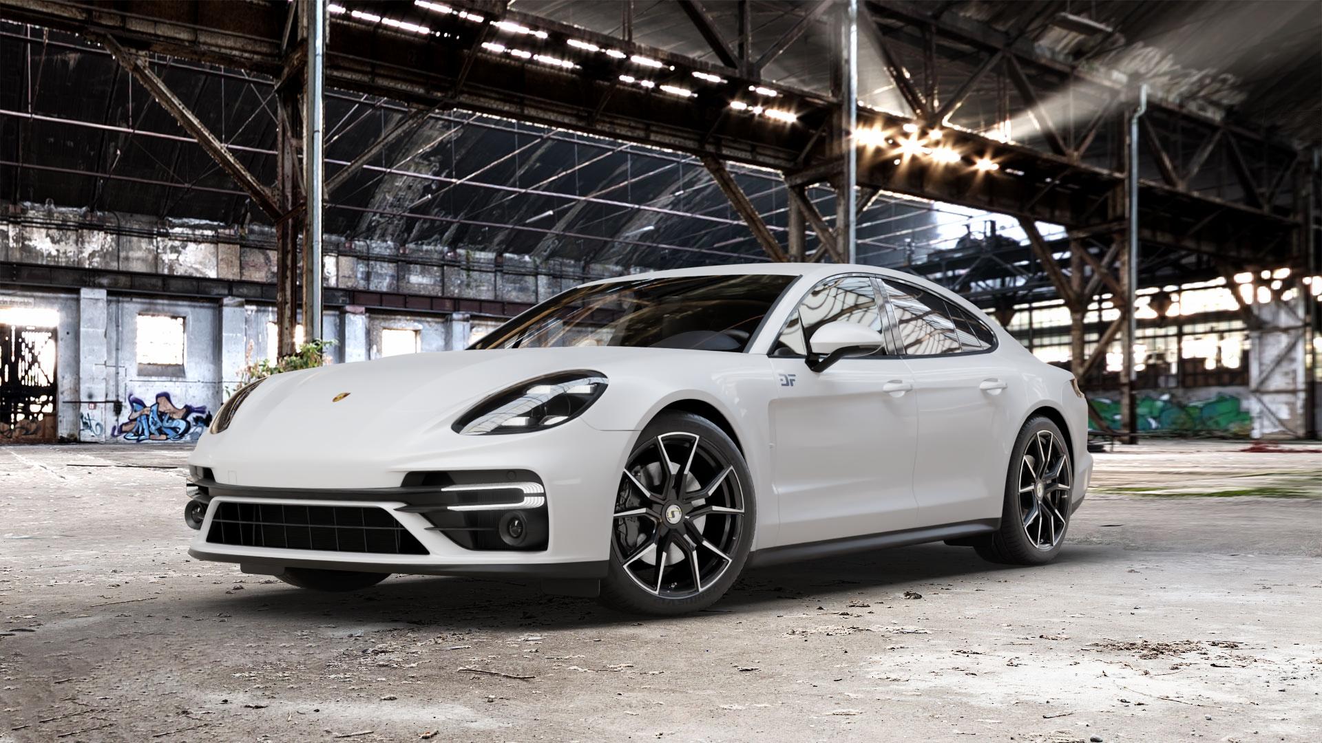 SchmidtRevolution Schmidt Drago Softhorn HellCat Black Felge mit Reifen silber schwarz in 20Zoll Alufelge auf weissem Porsche Panamera Typ 971 Facelift ⬇️ mit 15mm Tieferlegung ⬇️ Old Industrial Hall_max_5300mm_2024 Frontansicht_1