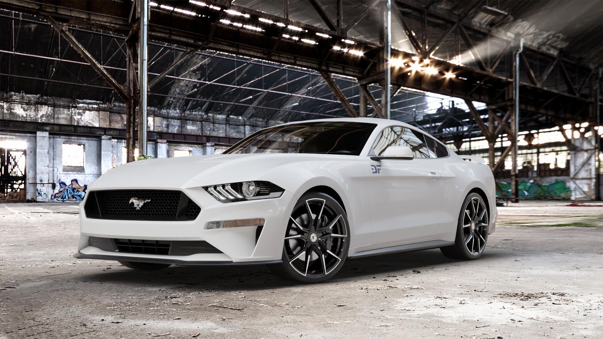 SchmidtRevolution Schmidt Drago Softhorn HellCat Black Felge mit Reifen silber schwarz in 21Zoll Alufelge auf weissem Ford Mustang VI Coupe Typ LAE Facelift ⬇️ mit 15mm Tieferlegung ⬇️ Old Industrial Hall_max_5300mm_2024 Frontansicht_1