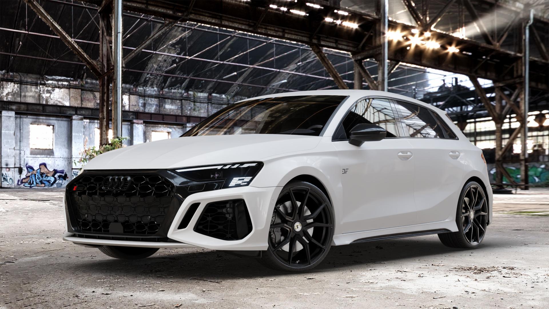SchmidtRevolution Schmidt Drago Softhorn SatinBlack Felge mit Reifen schwarz schwarz matt in 20Zoll Winterfelge Alufelge auf weissem Audi A3 Typ GY (Sportback) 2,5l TFSI quattro 294kW RS3 (400 PS) 299kW (407 ⬇️ mit 15mm Tieferlegung ⬇️ Old Industrial Hall_max_4400mm_2024 Frontansicht_1