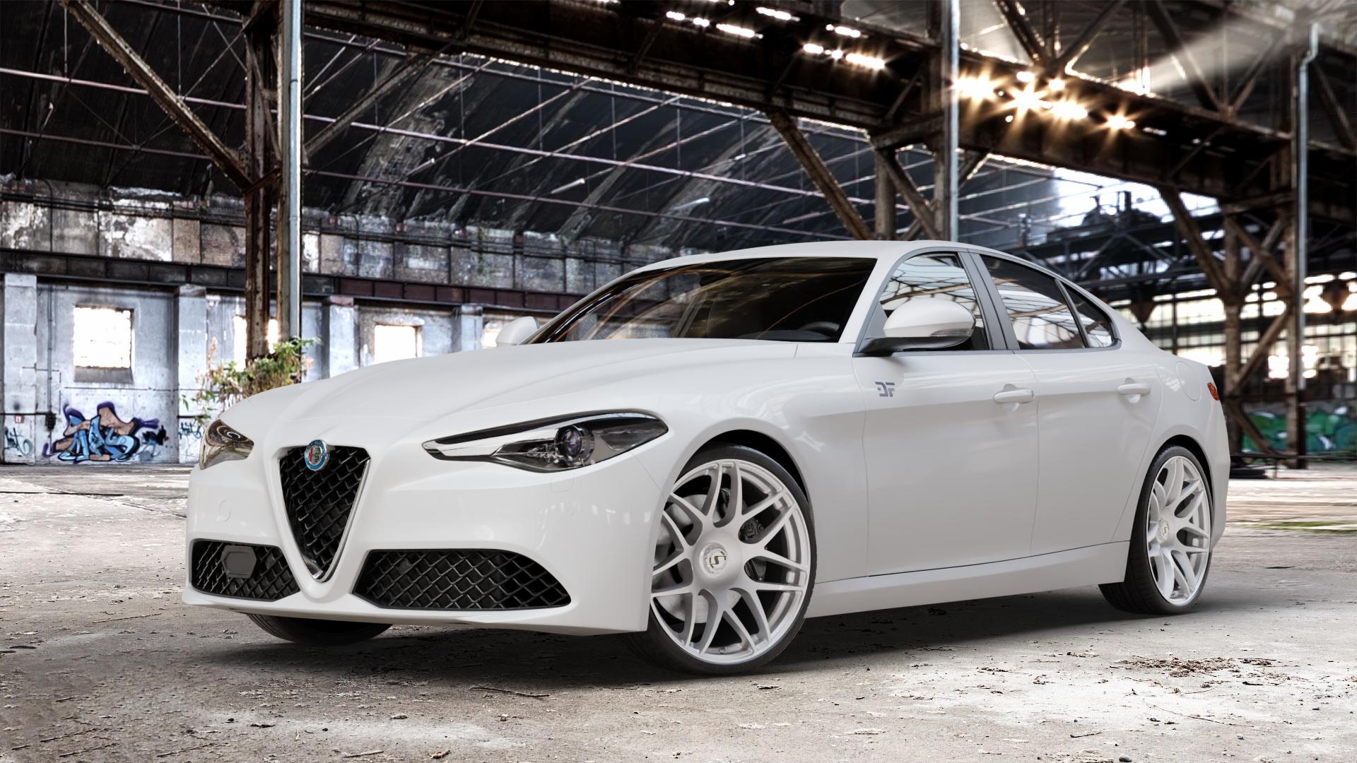 SchmidtRevolution Schmidt Gambit Softhorn CLC HighGloss Silver Felge mit Reifen silber in 20Zoll Winterfelge Alufelge auf weissem Alfa Romeo Giulia Typ 952 ⬇️ mit 15mm Tieferlegung ⬇️ Old Industrial Hall_max_4400mm_2024 Frontansicht_1