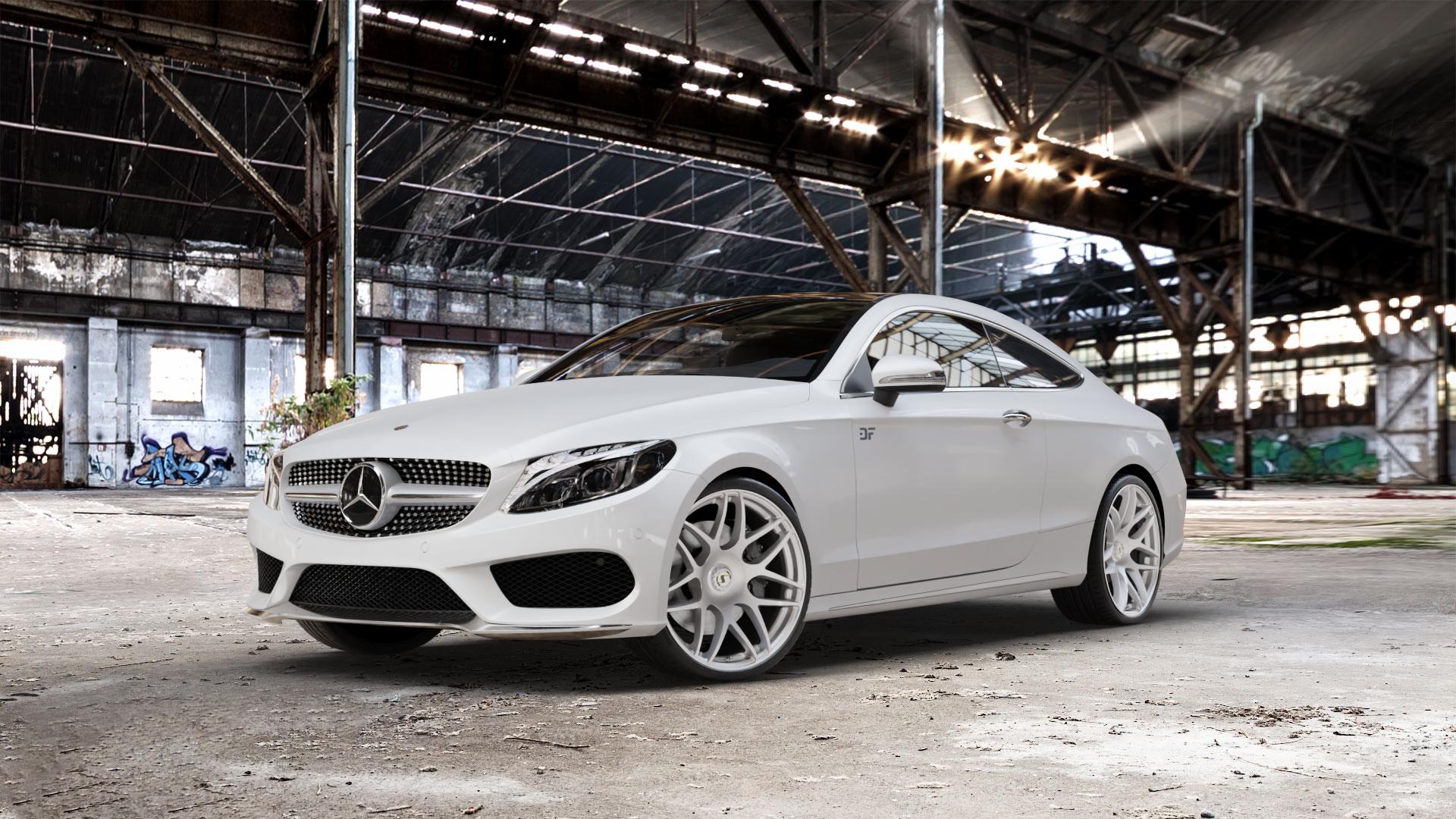 SchmidtRevolution Schmidt Gambit Softhorn CLC HighGloss Silver Felge mit Reifen silber in 20Zoll Winterfelge Alufelge auf weissem Mercedes C-Klasse Typ C205 Coupe Facelift ⬇️ mit 15mm Tieferlegung ⬇️ Old Industrial Hall_max_5300mm_2024 Frontansicht_1