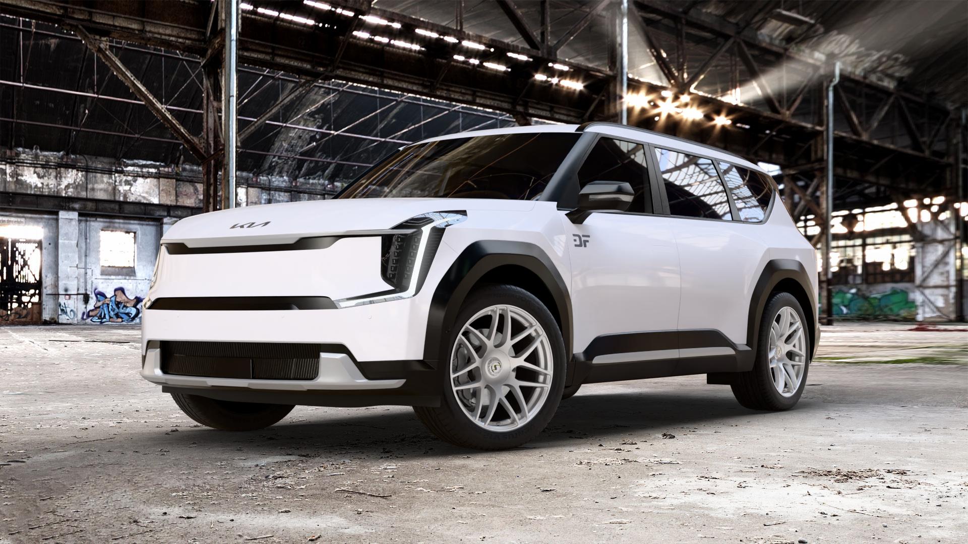 SchmidtRevolution Schmidt Gambit Softhorn CLC HighGloss Silver Felge mit Reifen silber in 21Zoll Winterfelge Alufelge auf weissem Kia EV9 Typ MV1 0,0l 100kW AWD (136 PS) 53kW (72 113kW GT Line (154 ⬇️ mit 15mm Tieferlegung ⬇️ Old Industrial Hall_max_5300mm_2024 Frontansicht_1