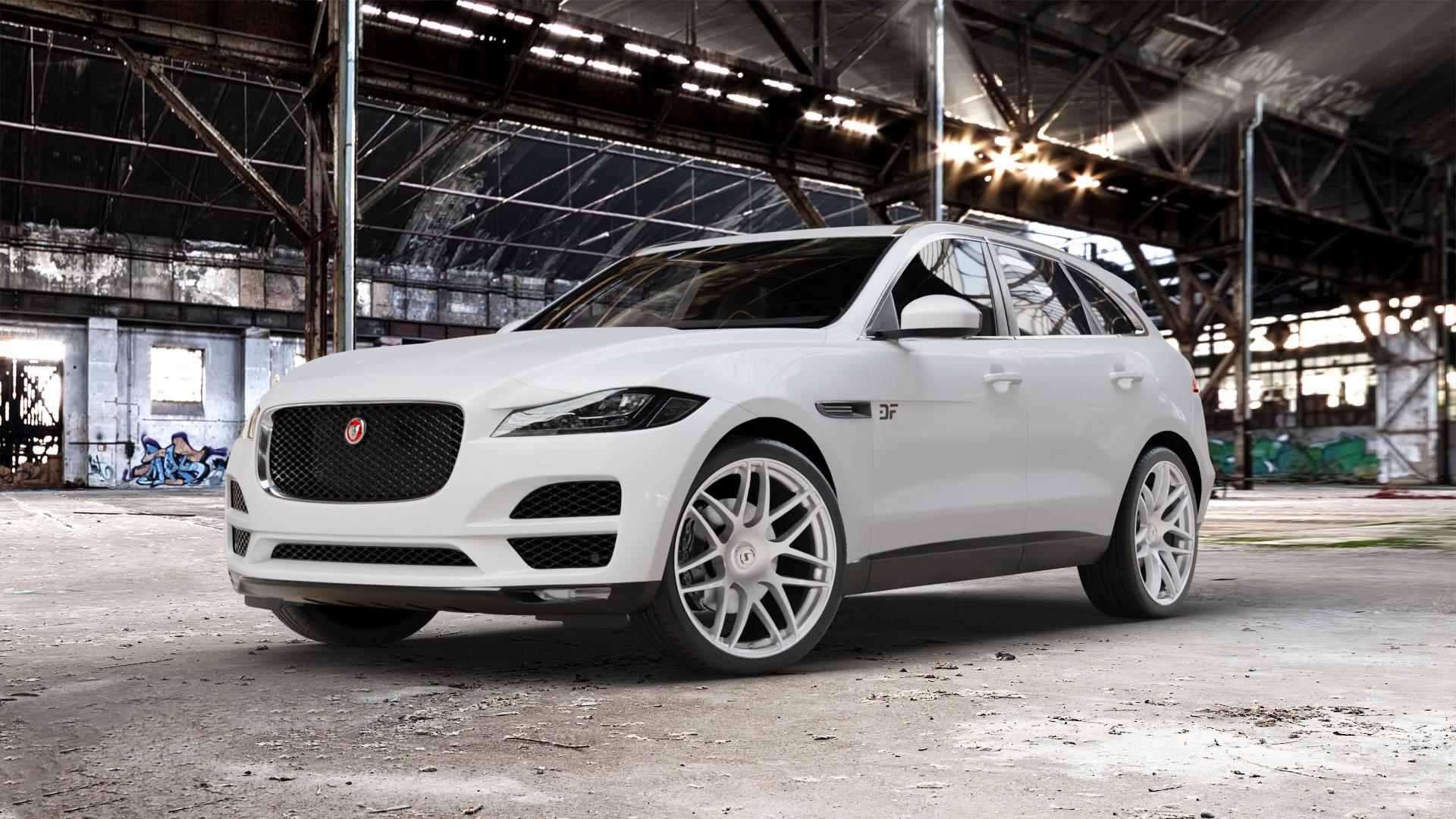 SchmidtRevolution Schmidt Gambit Softhorn CLC HighGloss Silver Felge mit Reifen silber in 22Zoll Winterfelge Alufelge auf weissem Jaguar F-Pace Typ DC ⬇️ mit 15mm Tieferlegung ⬇️ Old Industrial Hall_max_5300mm_2024 Frontansicht_1