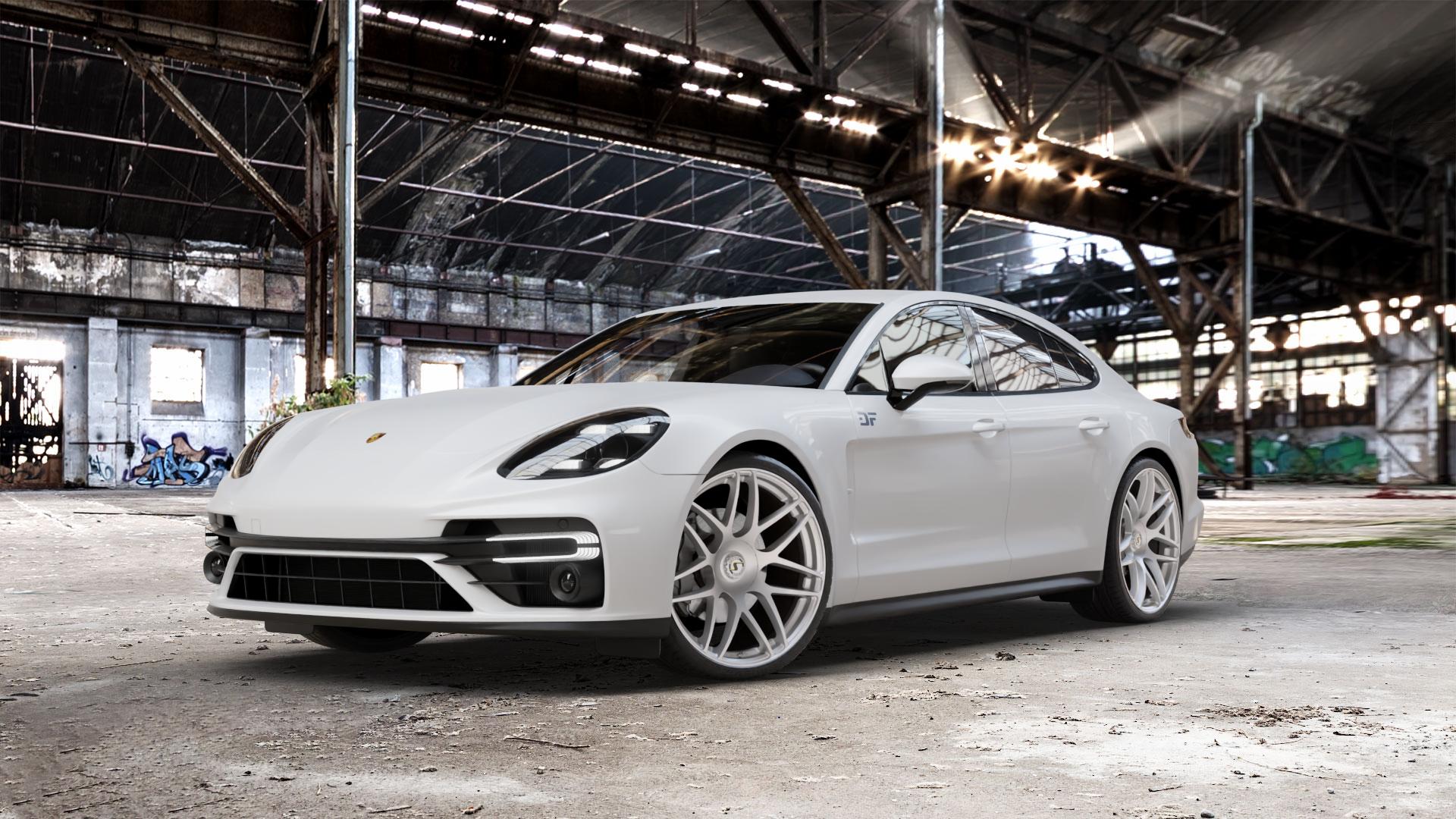 SchmidtRevolution Schmidt Gambit Softhorn CLC HighGloss Silver Felge mit Reifen silber in 22Zoll Winterfelge Alufelge auf weissem Porsche Panamera Typ 971 Facelift ⬇️ mit 15mm Tieferlegung ⬇️ Old Industrial Hall_max_5300mm_2024 Frontansicht_1